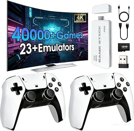 2026New Retro Game Console,40000+Games and 23 Emulators, with Dual 2.4G Wireless Controllers, Plug and Play 4K HD HDMI TV Game Stick White
