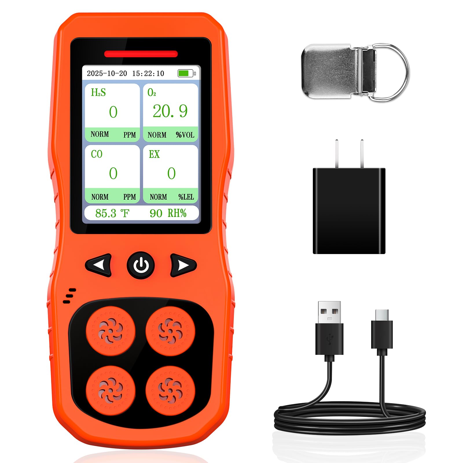 ZYKYCX 4 Gas Monitor Multi Gas Detector for O2, CO, H2S, Combustible Gas Tester, Rechargeable 4 Gas Leak Detector, Digital Gas Meter with Sound, Light & Vibration Alarm, Orange