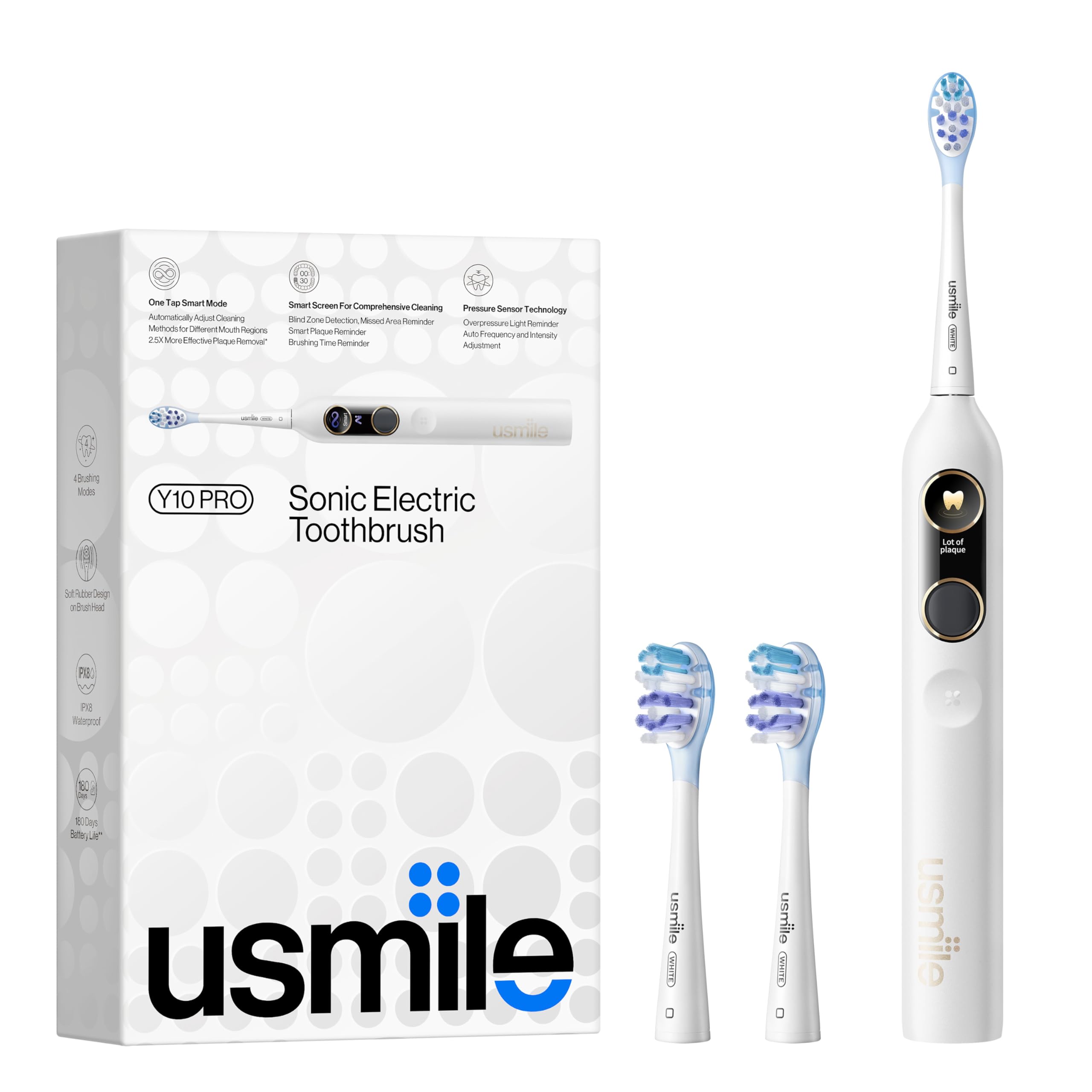 usmile Y10 PRO Schallzahnbürste mit Display, Drucksensor, 4 Modi, 180 Tage Akku, IPX8, erkennt ungeputzte Stellen, reisetauglich, inkl. 2 Bürstenköpfe