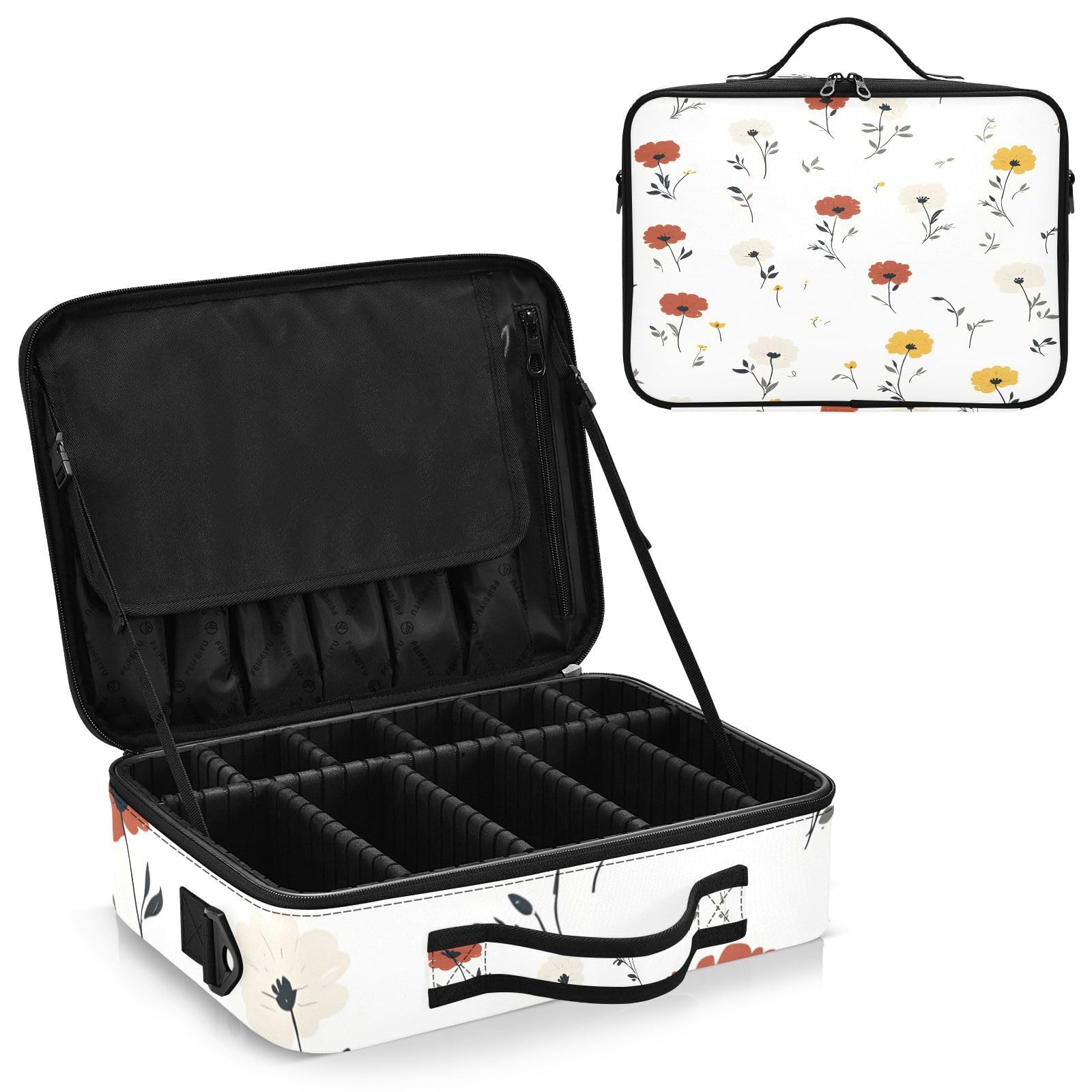zyrtty Travel Makeup Train Case Red Yellow Flower White Pattern Cosmetic Organizer Portable Storage Bag with Adjustable Dividers for Cosmetics Brushes Toiletry Jewelry Digital Accessories