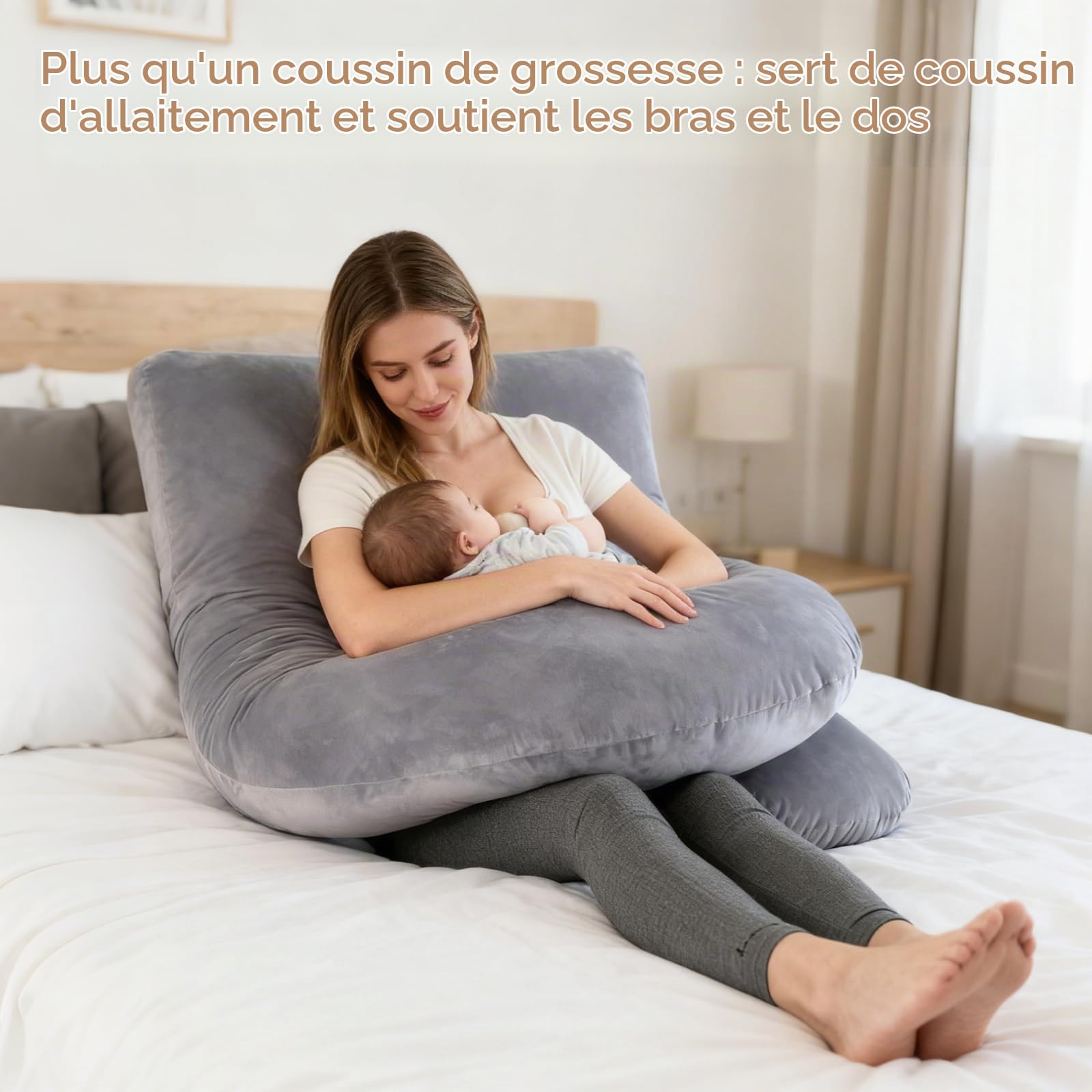 SOARFLY Coussin de Grossesse en Forme de U, Pregnancy Pillow 155cm pour Dormir sur Le Côté Coussin d'allaitement Amovible avec Housse, Soutien Dos, Ventre, Jambes, Gris
