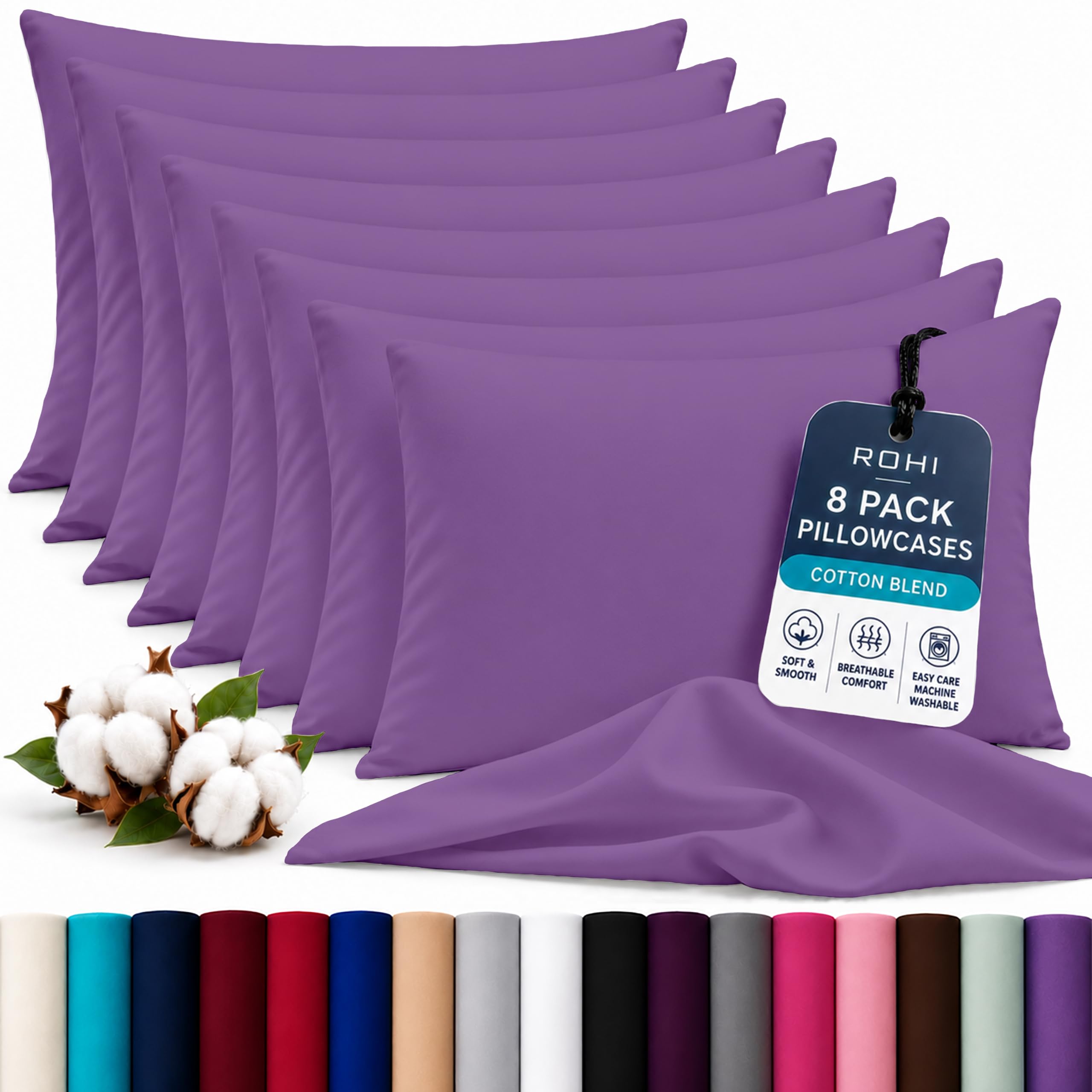 Rohi Luxury Lilac Pillow Cases 8 Pack - (50×75cm) | Soft & Comfy Cotton Blend Pillow Covers with Envelope Closure | Breathable, Anti-Allergy, Fade & Wrinkle Resistant