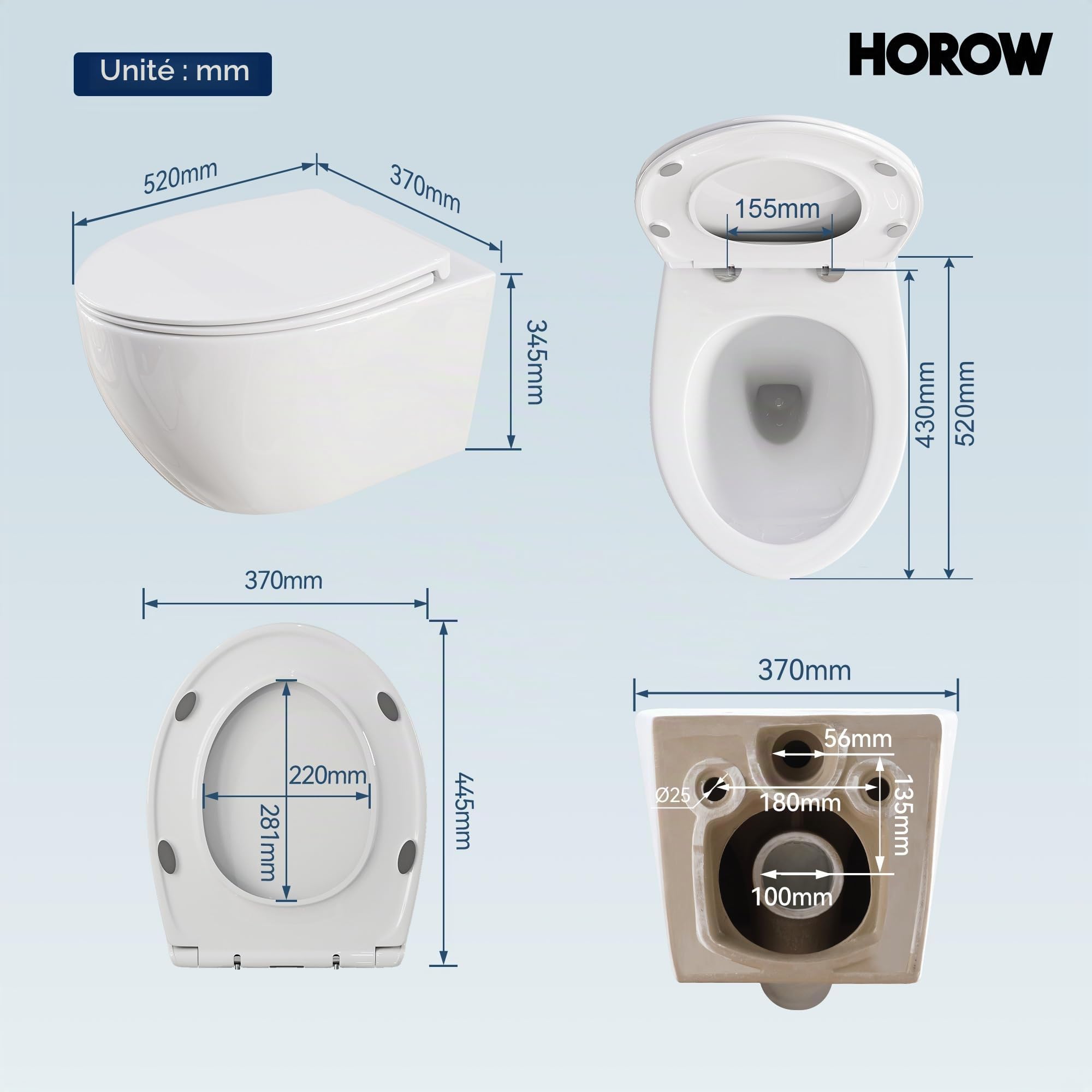 Cuvette WC Suspendu Blanc Toilette, Lunette WC avec Fermeture en Douceur Forme O, Cuvette Toilette Compact Design