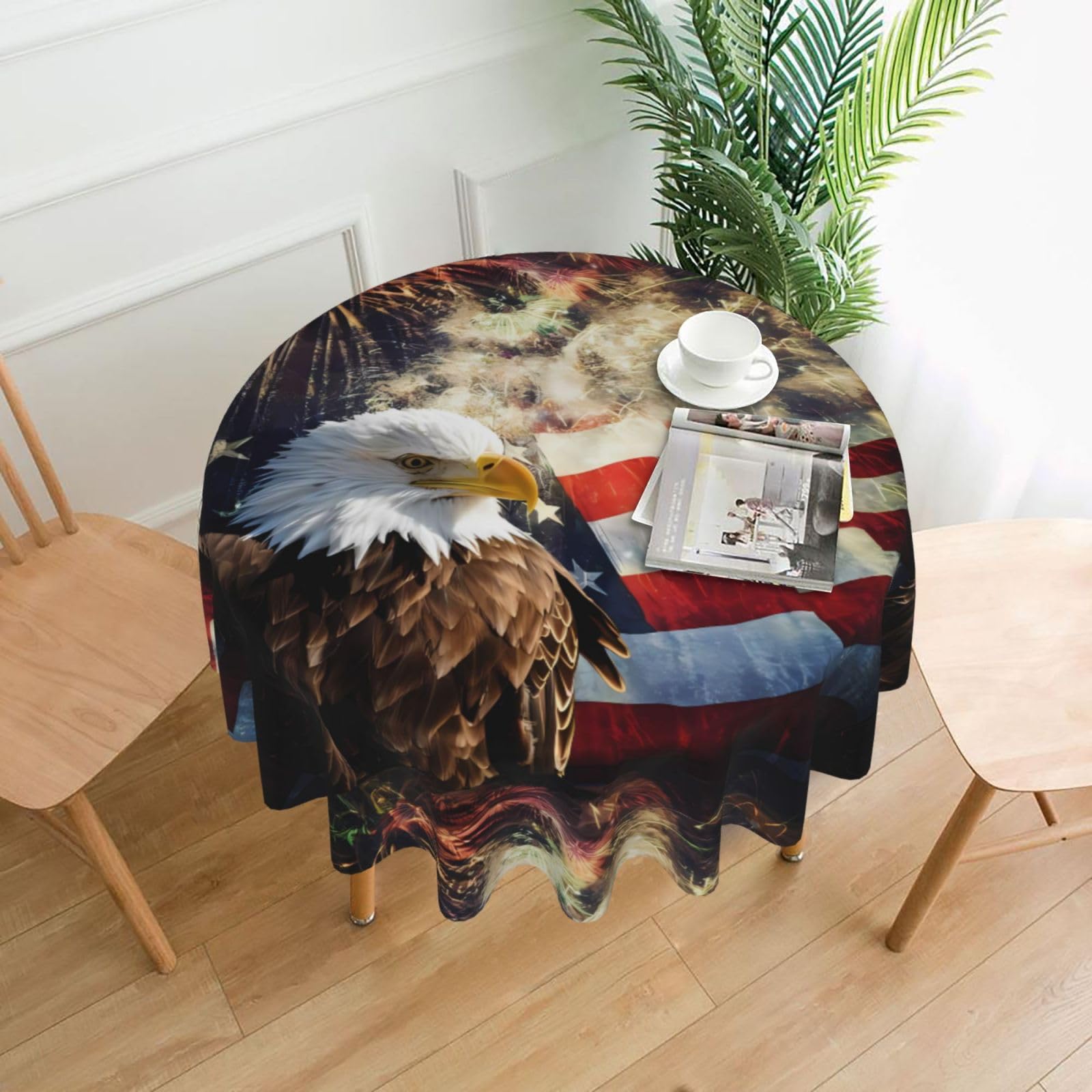 YYHWHJDE American Flag Fire Eagle Prints Round Decorative Tablecloth 60in – Elevate Your Dining Experience with This Stunning Table Throw for Parties & Everyday Use