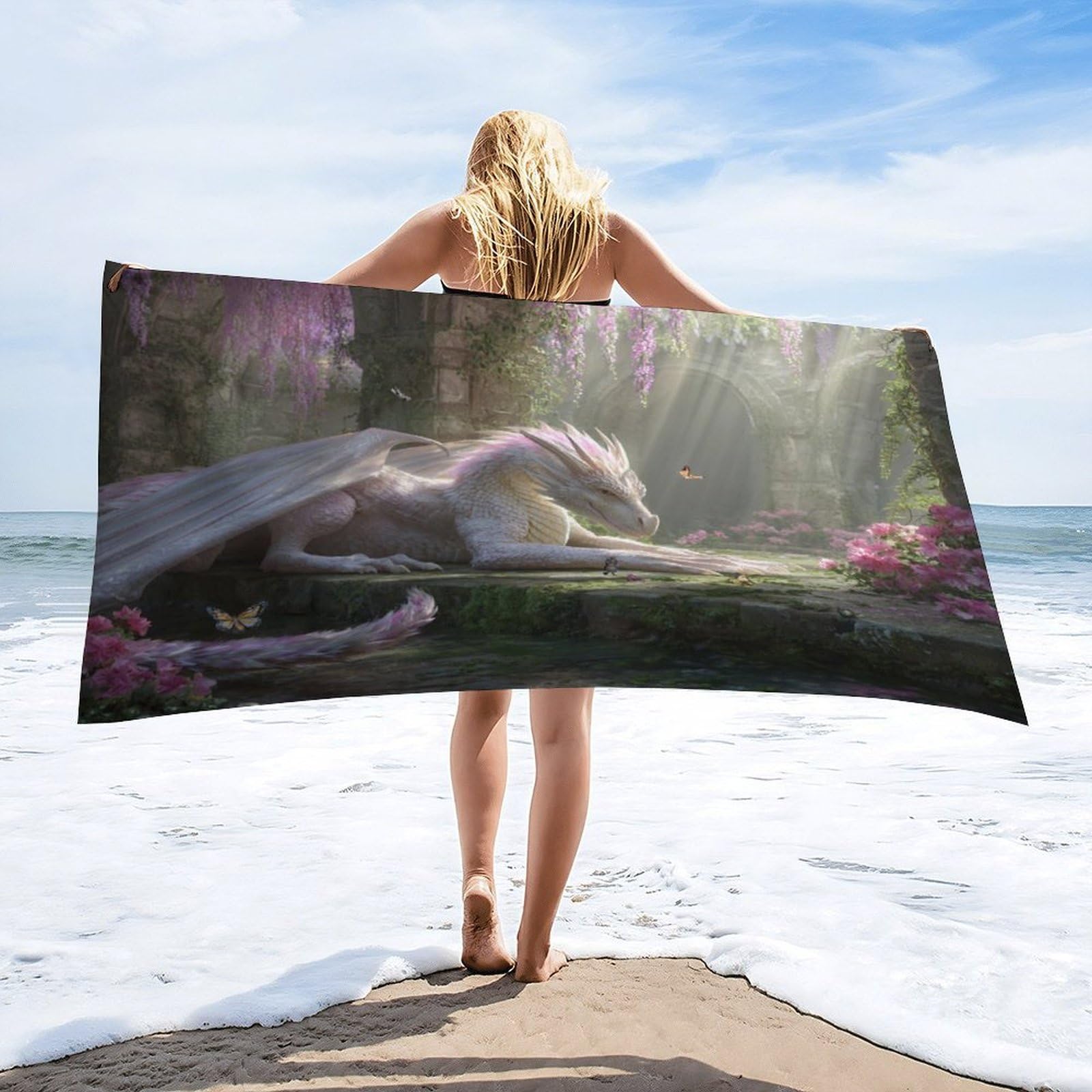 Luyysky Beautiful Realistic Elegant Dragon Absorbent Beach Towel, Funny Modern Spring Garden Mythical Animal Dragon Wisteria Floral Outdoor Single-Sided Velvet Beach Towel-80 W Cm X 160" L Cm