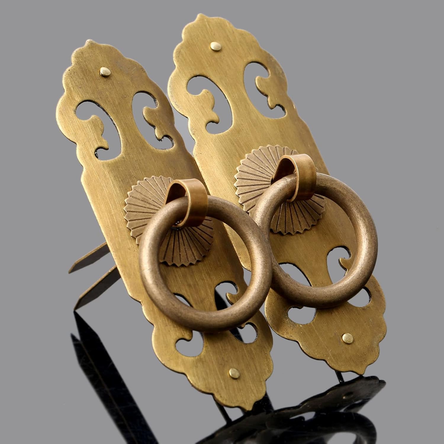 2pcs Vintage Chinese Furniture Pull Lock Latch Cabinet Hardware Brass Knockers