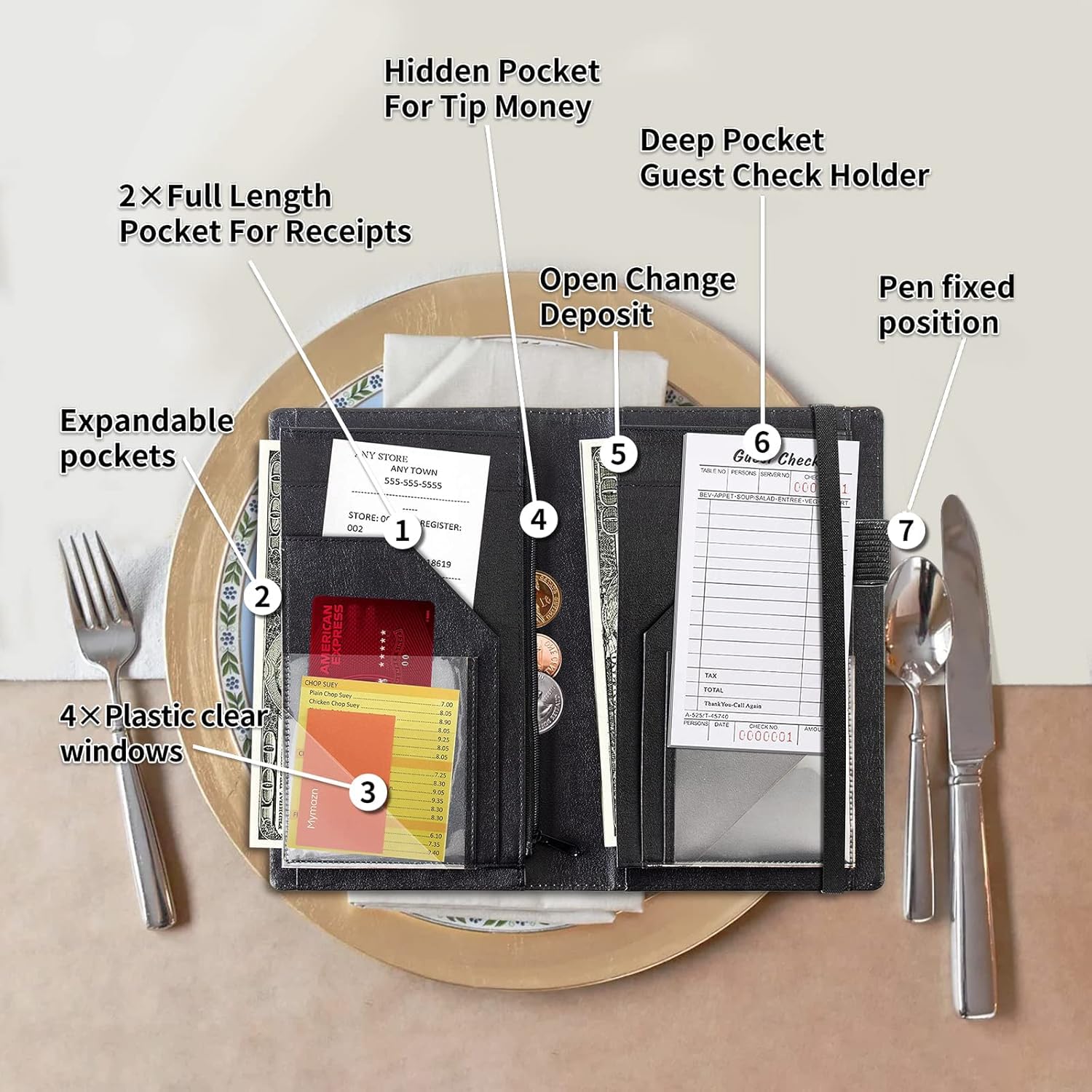 Server Books For Waitress/Waiter Book With Zipper,11 Money Pockets 9"x