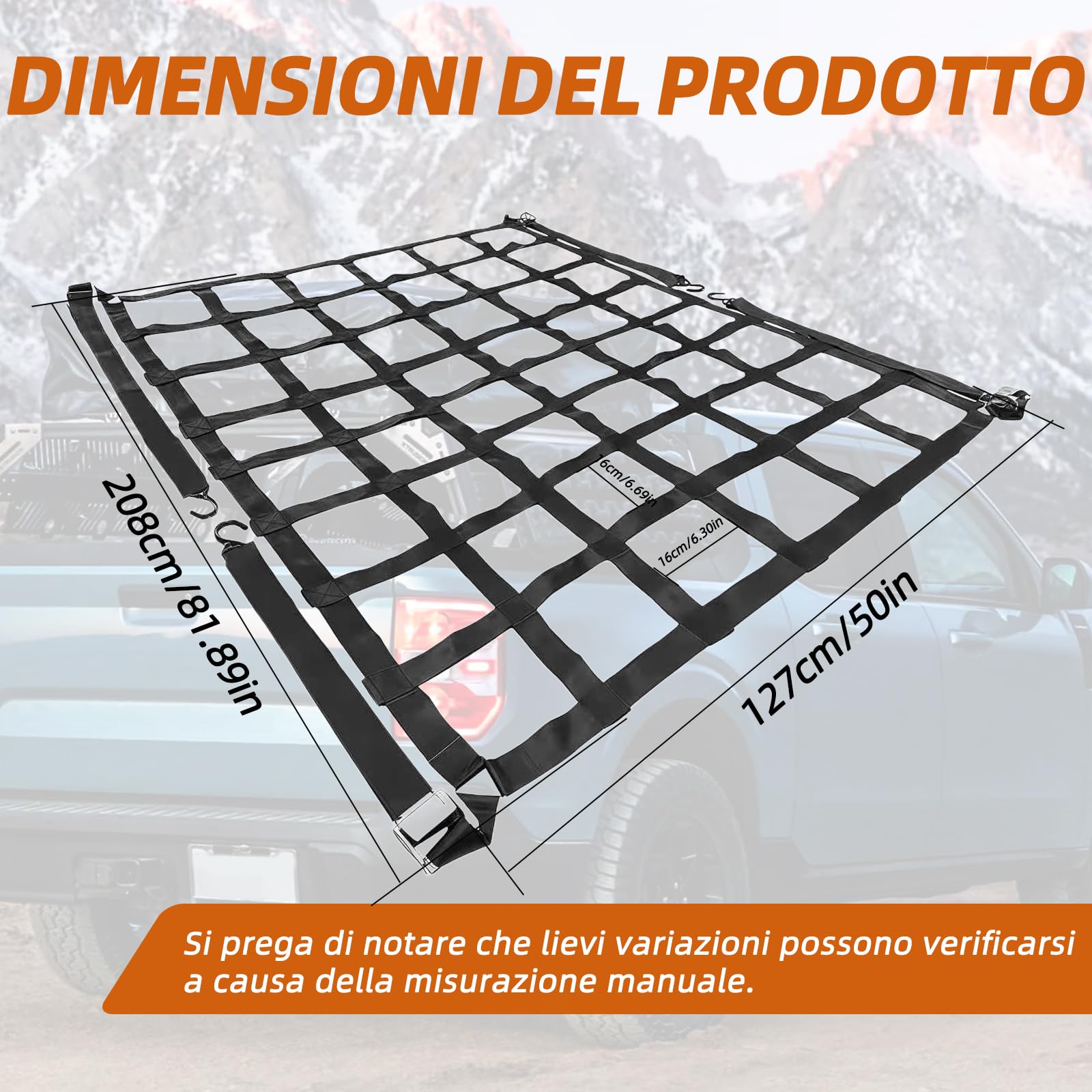 Rete carico 208x127cm – regolabile, 4 ganci & cinghie, per Ducato/Boxer/Jumper