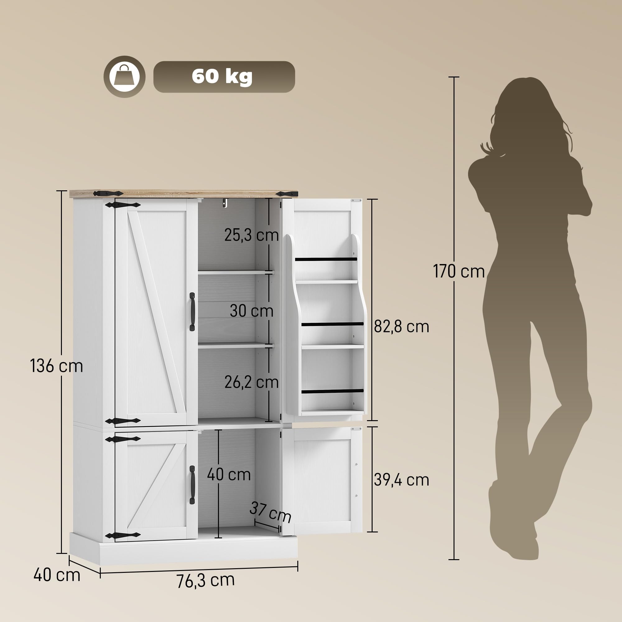 HOMCOM Credenza da cucina, mobile da cucina, mobile per porcellane, 4 ante, 6 portaspezie e ripiani regolabili, stile rustico, mobile contenitore per soggiorno, sala da pranzo, 76,3 x 40 x 136 cm,
