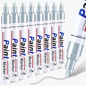 Caneta de tinta prateada marcador metálico permanente – 8 canetas de tinta à base de óleo, ponta média, secagem rápida e à prova d'água para restauração automotiva, metal, pintura rupestre, marcador