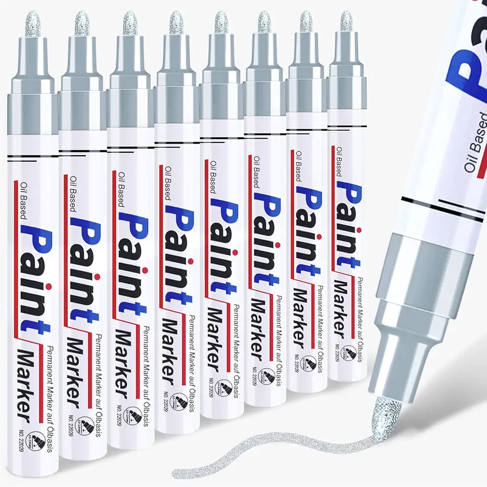 Caneta de tinta prateada marcador metálico permanente – 8 canetas de tinta à base de óleo, ponta média, secagem rápida e à prova d'água para restauração automotiva, metal, pintura rupestre, marcador