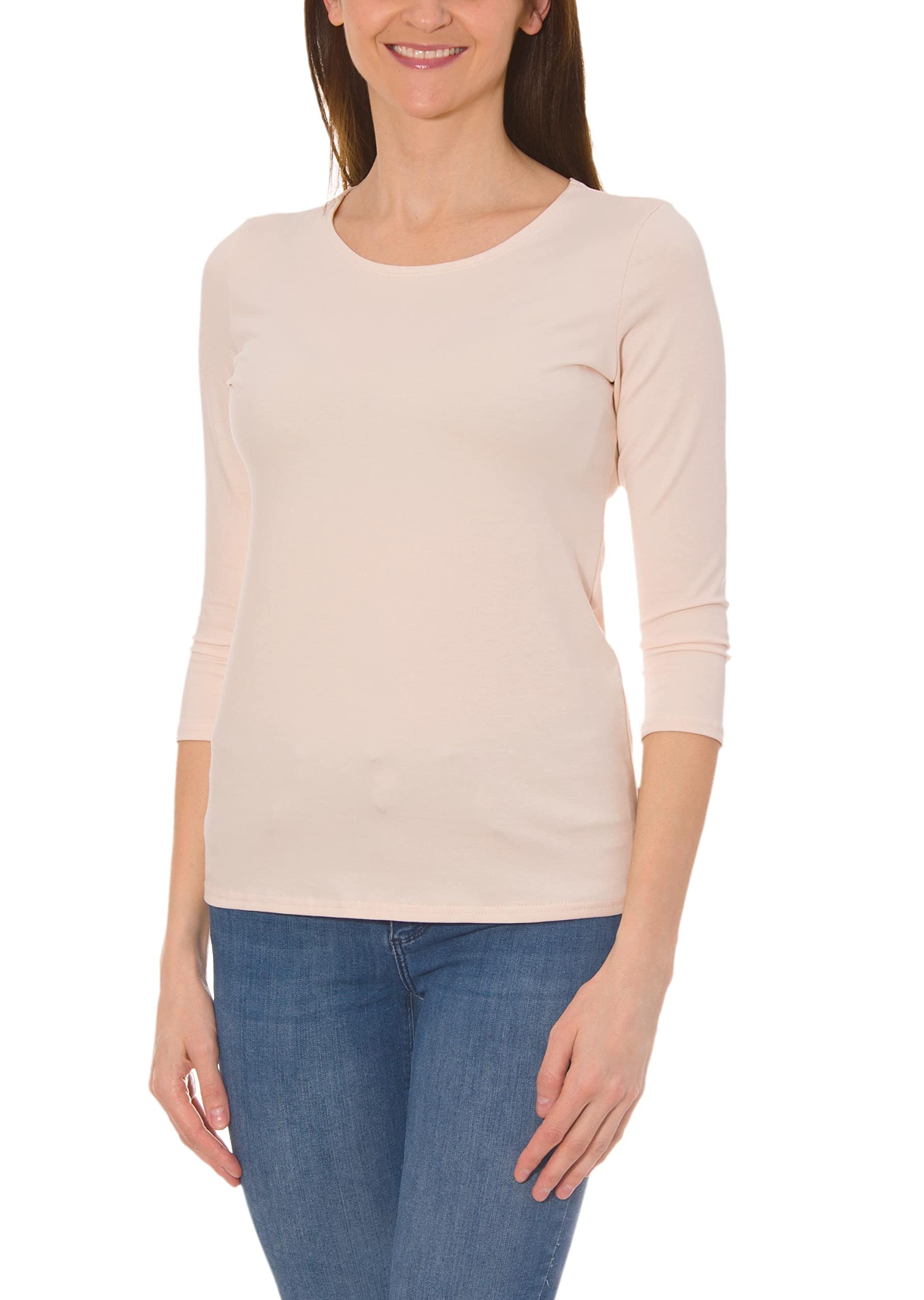 Alkato Women's 3/4 Sleeve Shirt with Round Neck, Cream, M