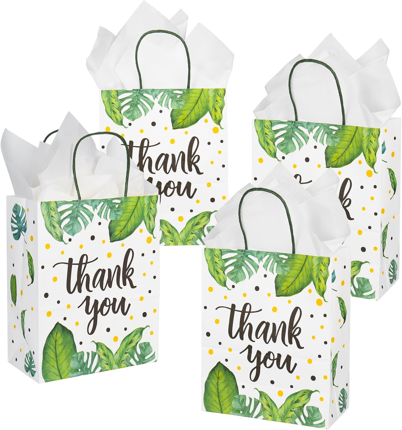 DjinnGlory 50 Pack Medium-Size Tropical Leaf Gift Bags with Handles and 50 White Tissue Paper for Hawaiian Luau Themed Party Favors, Small Business, 10x8x4 Inch (Boho Thank You)