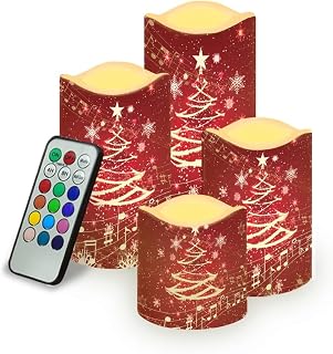 Christmas Tree Music Flameless Candles Led Candles Pack of 4 (H 2.9" 3.9" 4.9" 5.7" x D 3") Real Wax Battery Candles with Remote and Timer for Home Outdoor Decorations