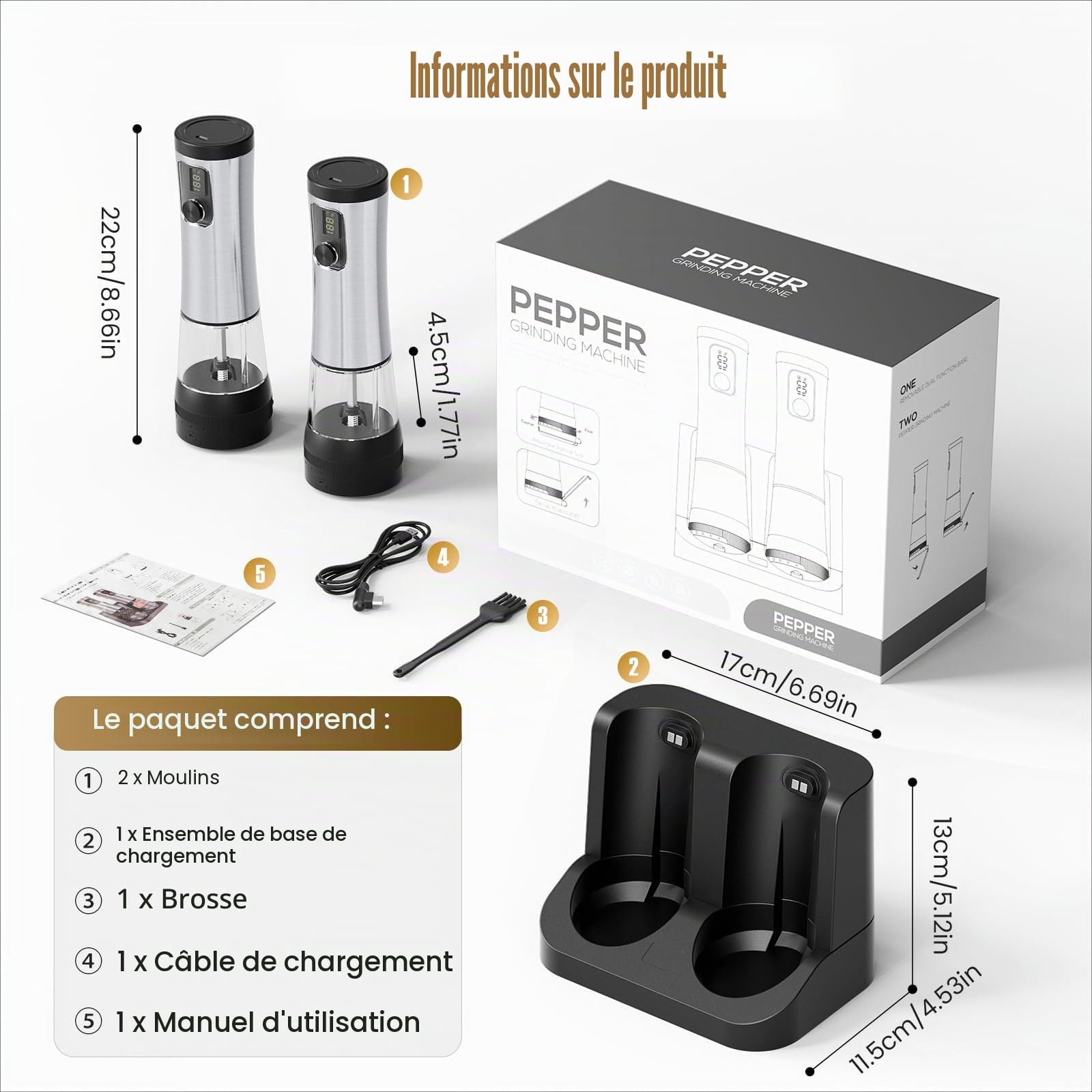 Moulin à Poivre Électrique Set,Écran de Batterie & Base Rechargeable,