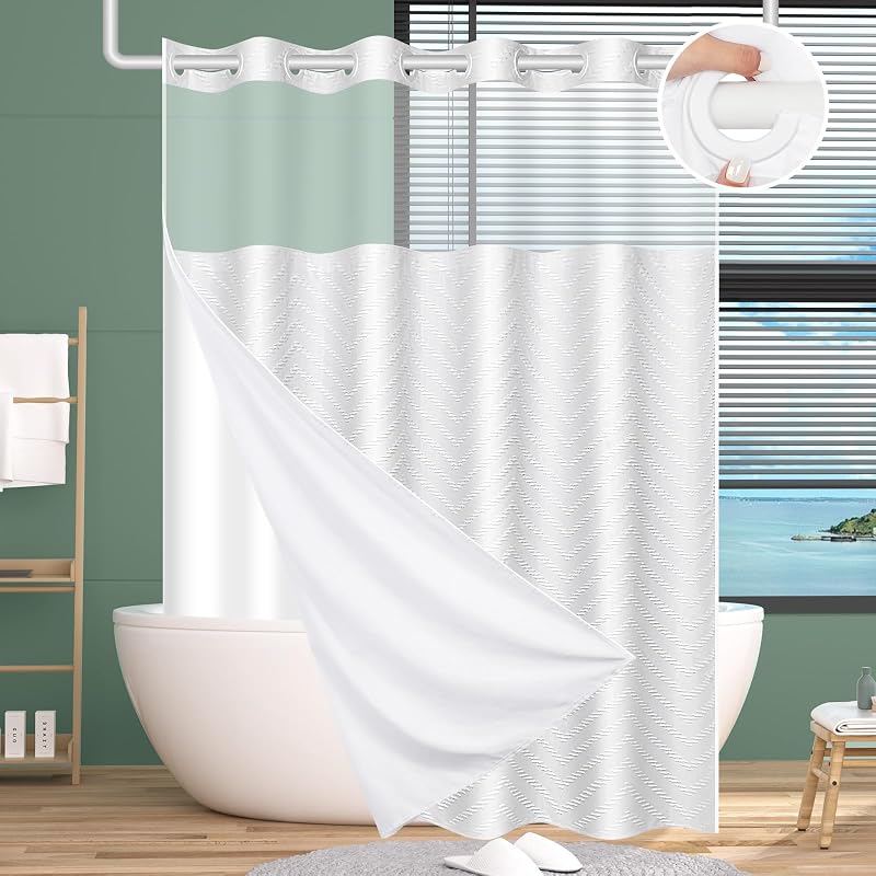 FADOTY Juego de cortina de ducha blanca sin gancho con forro a presión, 71 x 74 pulgadas | Cortina de tela para Hotel de baño, forro lavable impermeable, ventana superior transparente, cortina de tela con mechones de Chevron sin aros