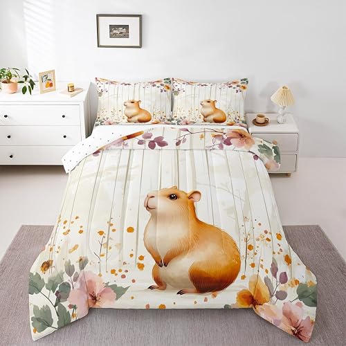 Erosebridal Retro Capybara Comforter Set, Wild Animals Print Bedding Set Full, V