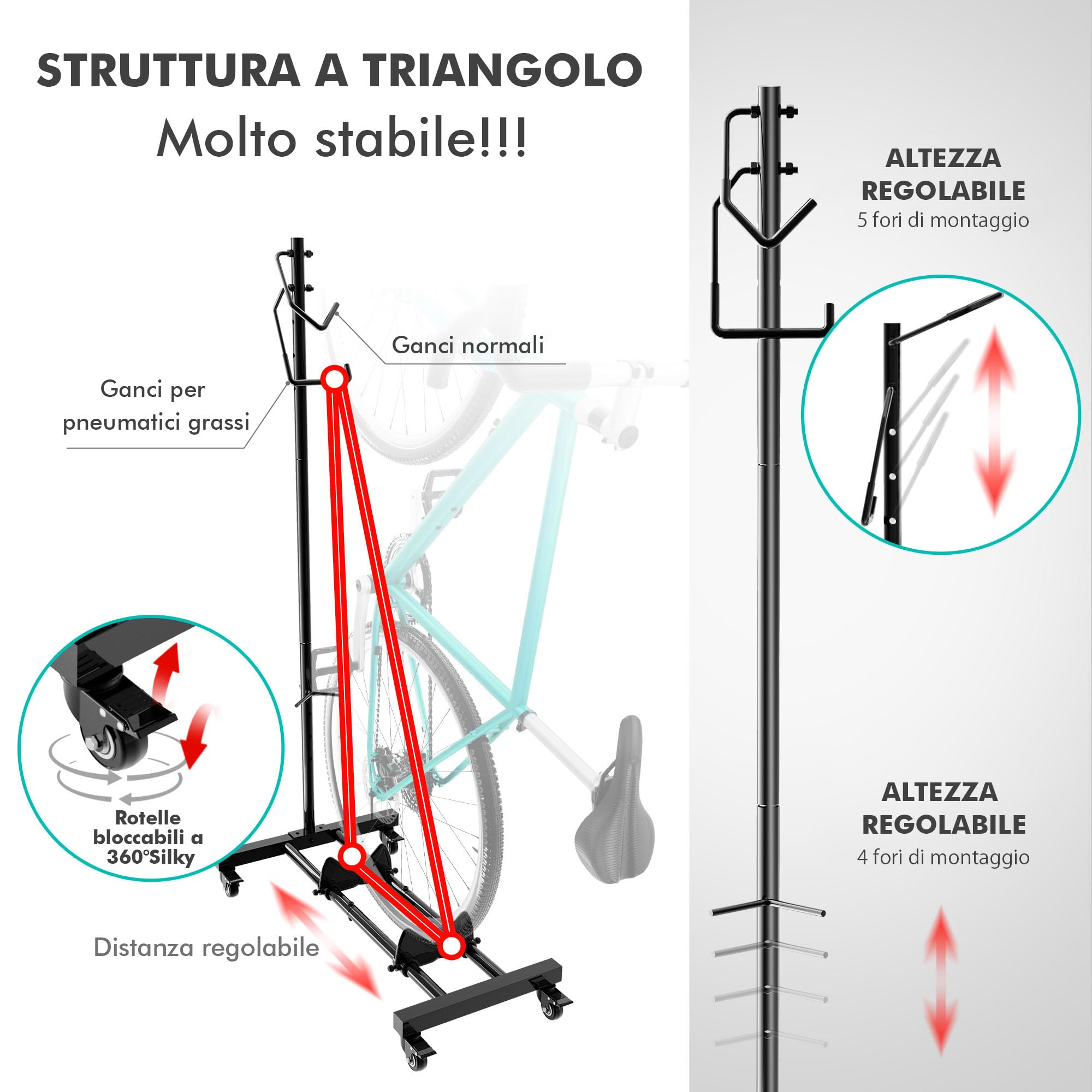 Mimoke Portabici con ruote, per mountain bike e bici da corsa fino a 29 pollici, regolabile in altezza, salvaspazio, ideale per appartamenti