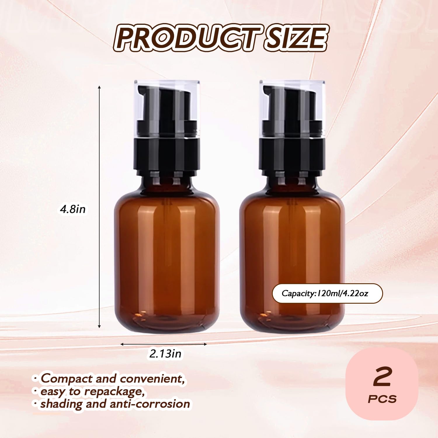 2PCS 120ml/4oz Empty Plastic Amber Pump Bottles Travel Bottles Refillable Cosmetic Makeup Lotion Pump Dispenser Container Storage Jars for Shampoo Conditioner Shower Soap Essential Oil - Image 2