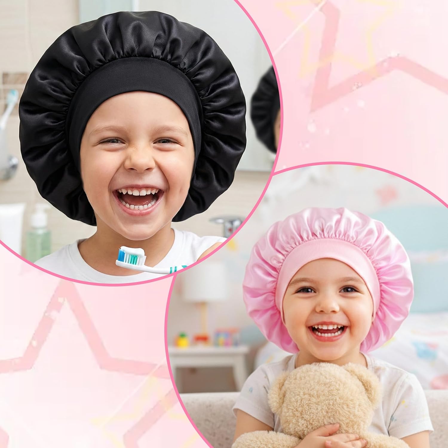 2 PCS Baby Bonnet, 11 Inch Kids Satin Bonnet, Sleeping Cap with Wide Band, Soft Kids Bonnets Solid Color for Natural Hair, Infant & Toddler(Pink+Black)