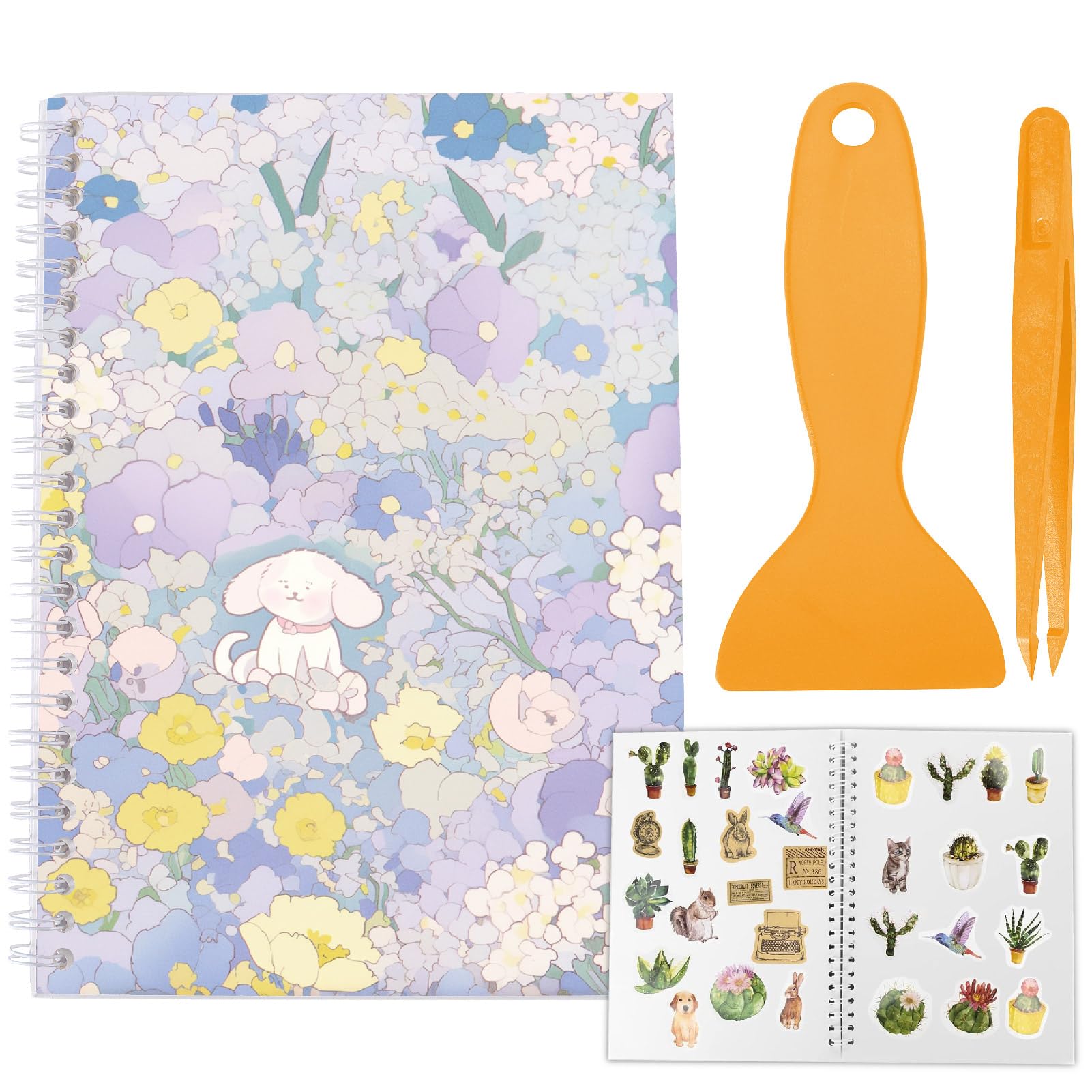 CRASPIRE Reusable Sticker Storage Book Collecting Album A5 with Tweezer Scraper Blank Stickers Keeper Holder Organizer 40 Sheets Release Paper Puppy Flower Cover Waterproof for Labels Storaging