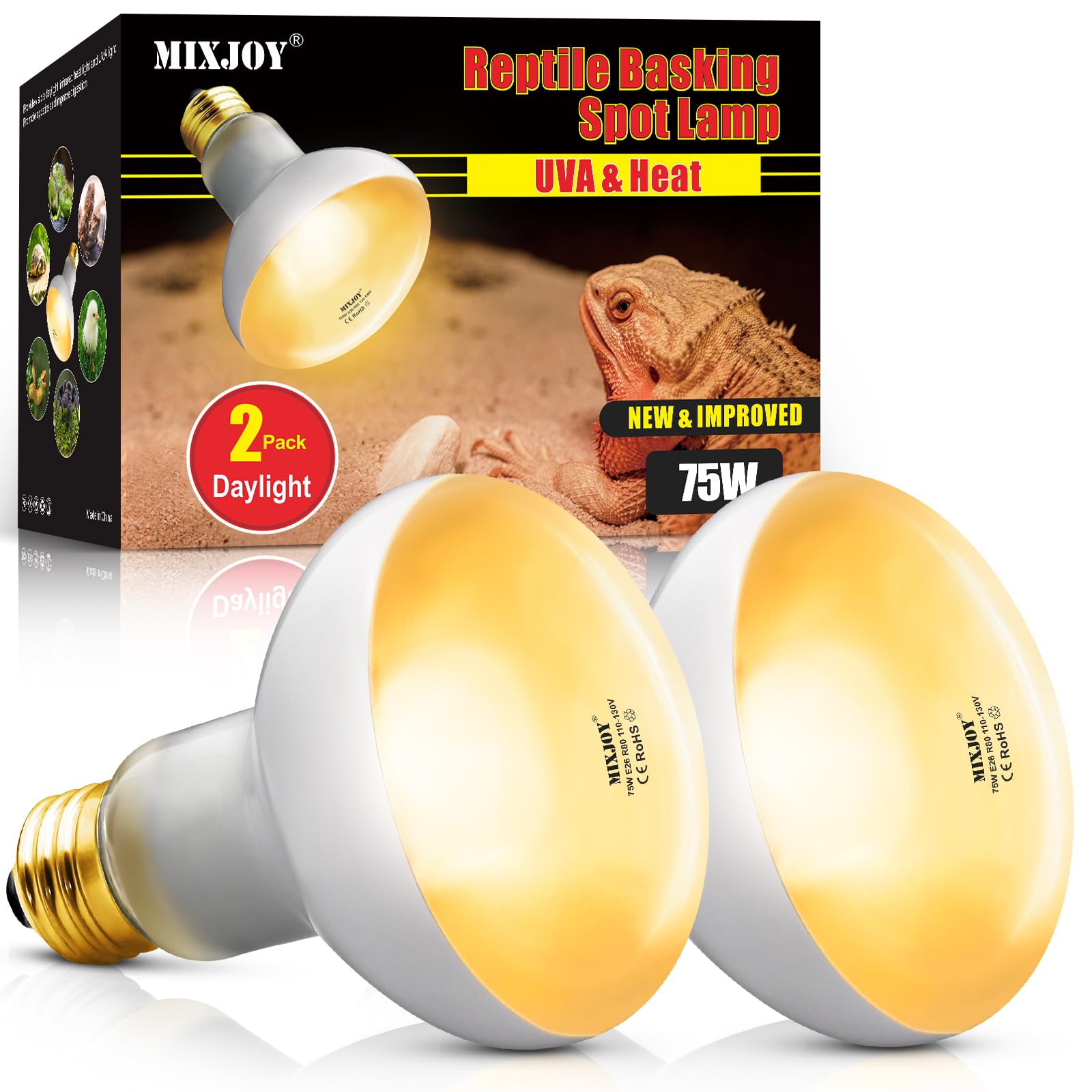 MIXJOY 75W Reptile Heat Lamp Bulbs, 2Pack Heat Lamp Bulbs for Reptiles Basking Bulbs UVA Daylight Basking Light Amphibians Heating Lamp Emitter for Lizard, Tortoise, Bearded Dragon Gecko, Chicken