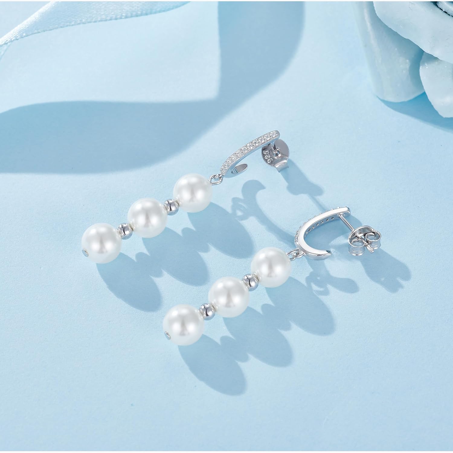 GW Pearl Drop Earrings for Women 925 Sterling Silver Pearl Dangle Earrings with Cubic Zirconia, Wedding Pearl Tassel Earrings Jewelry - Image 4