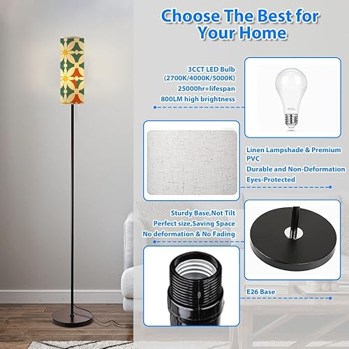 Miniatura 3 de Modern Floor Lamps for Living Room 60 s 70 s Retro Scandinavian Vintage Style mid Century Standing Lamps with Linen Lampshade Tall Lamp Metal Pole