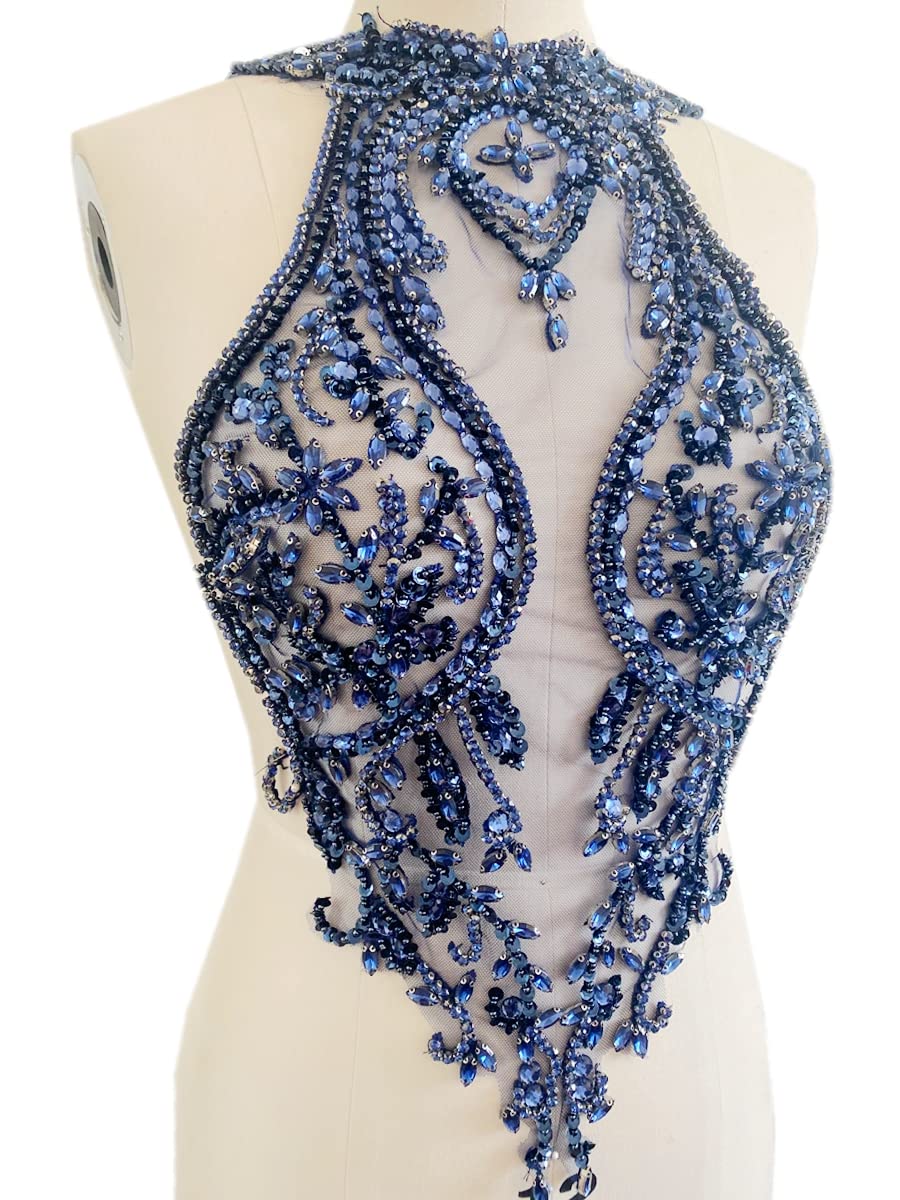 Handmade Rhinestones lace Applique handsewing Beads Trim Patches Dress Front Accessories (Deepblue)