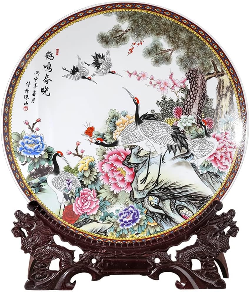 Ceramic Red-Crowned Crane Spring Dawn Hanging Plate Household Living Room TV Cabinet Decoration(40cm)
