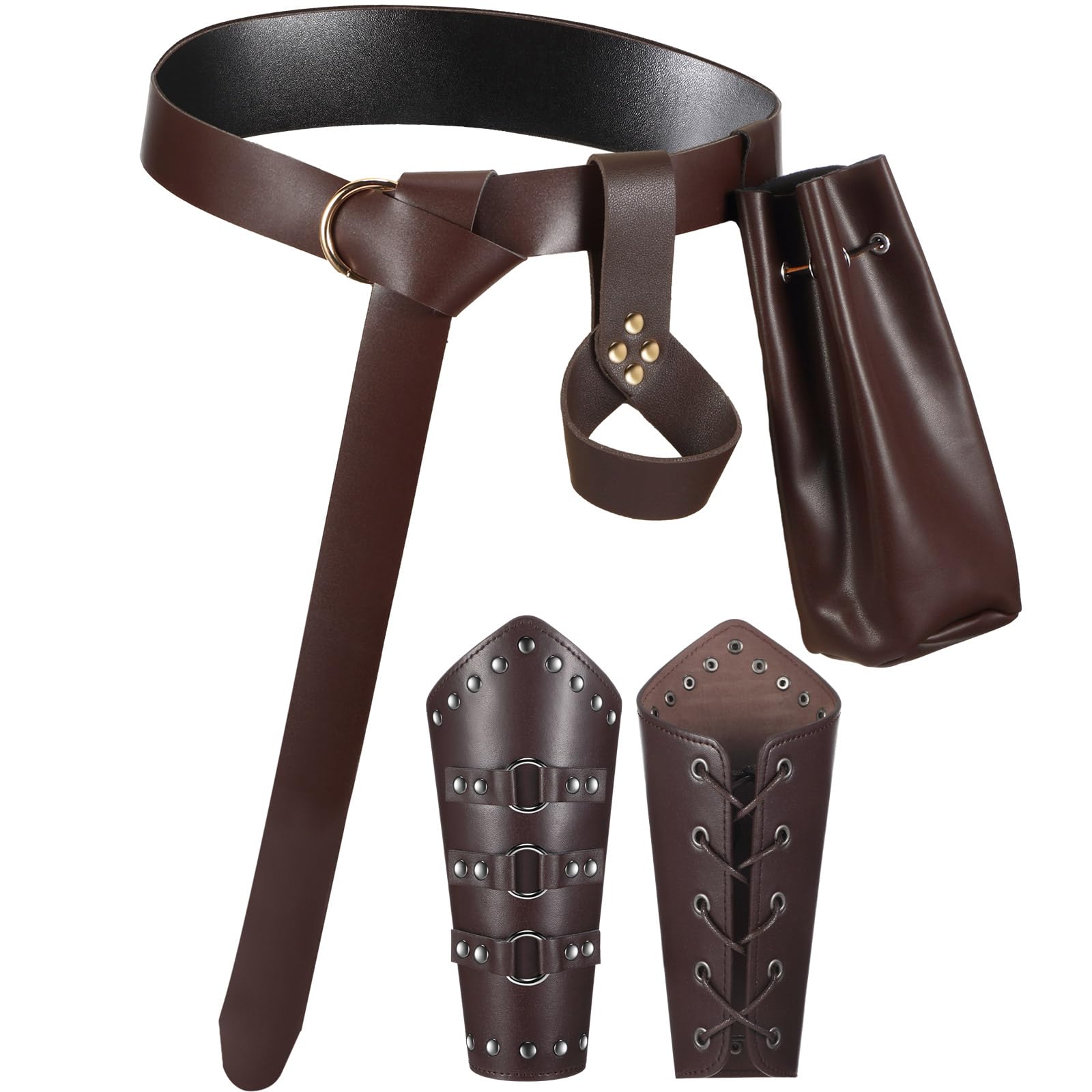Xtinmee 5 Pcs Halloween Medieval Leather Renaissance Costume Accessories Medieval Belt Arm Guard Sword Dagger Frog Belt Pouch (Brown)