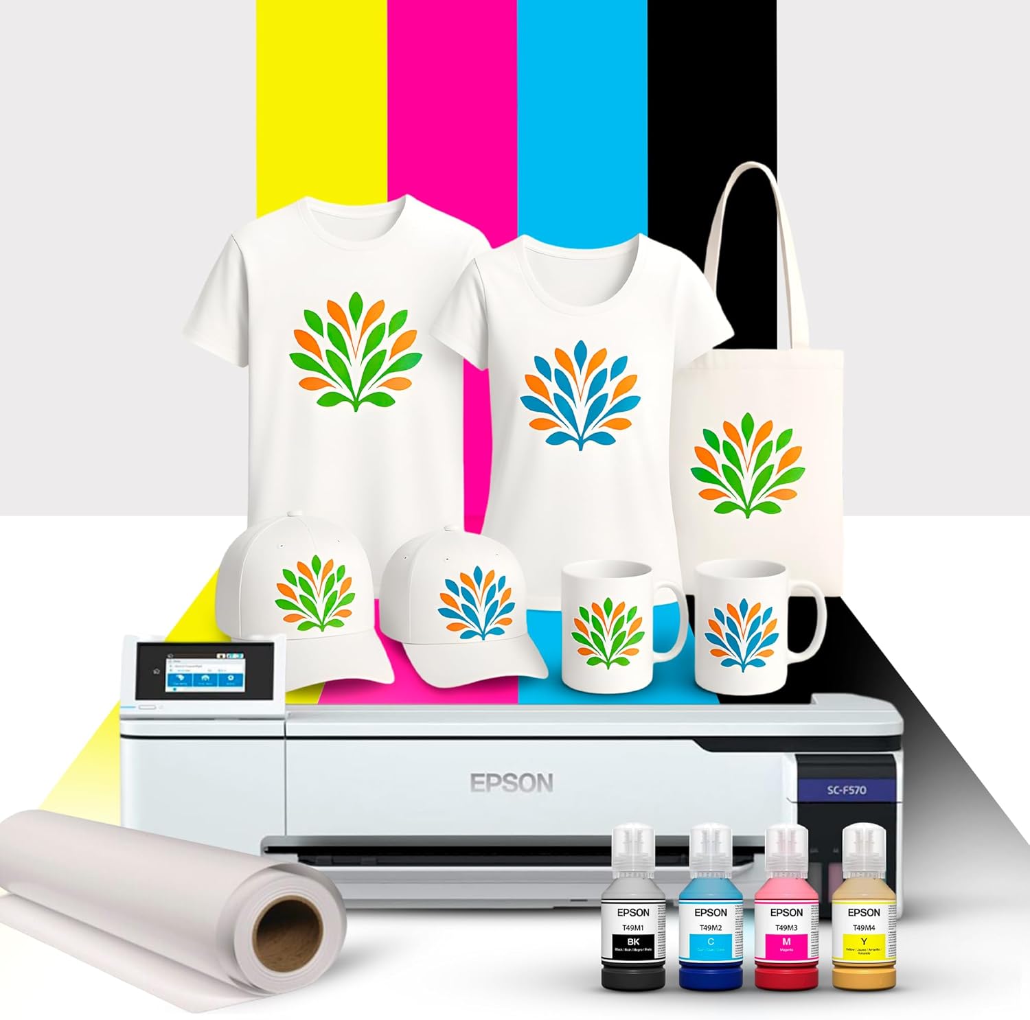 Epson T49M Ink Bottle Set with Sublimation Roll S450360 for SureColor F570 | Includes T49M1, T49M2, T49M3, T49M4 (140ml Each) + 24" x 100' Roll (Ink + Roll Paper)