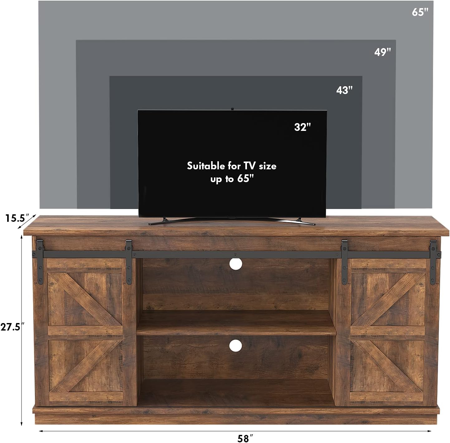JUMMICO TV Stand for 65 Inch TV, Entertainment Center with Storage Cabinets and Sliding Barn Doors, Mid Century Modern Media TV Console Table for Living Room Bedroom (Rustic Oak)