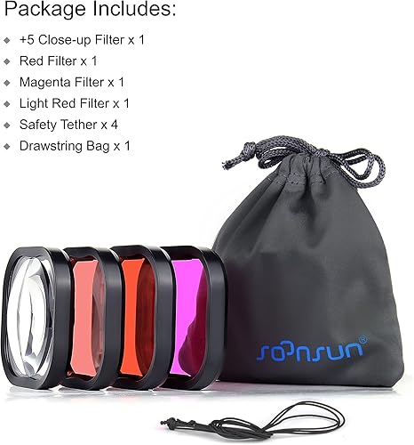 Miniatura 9 de SOONSUN Paquete de 4 filtros de buceo para GoPro Hero 11, 10, 9, 8, carcasa impermeable oficial, rojo, rojo claro, magenta, 5 filtros macro de