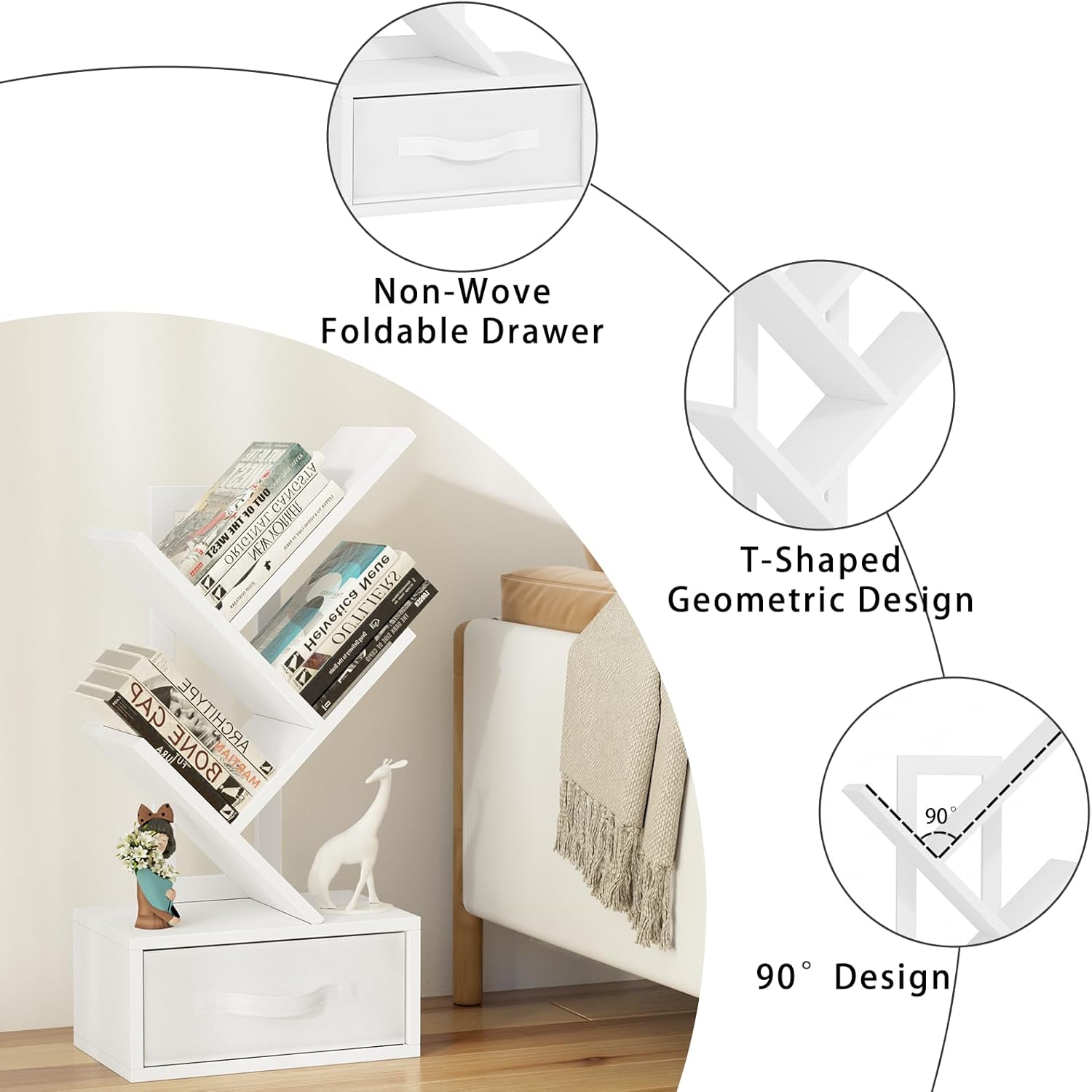 SHEEPAM Small Bookshelf with Drawer,4 Tier Tree Book Shelf,Wood Desk Bookshelves,Modern Free Standing Desktop Display Shelves,White Floor Standing Organizer Bookcase for Living Room,Bedroom,Office