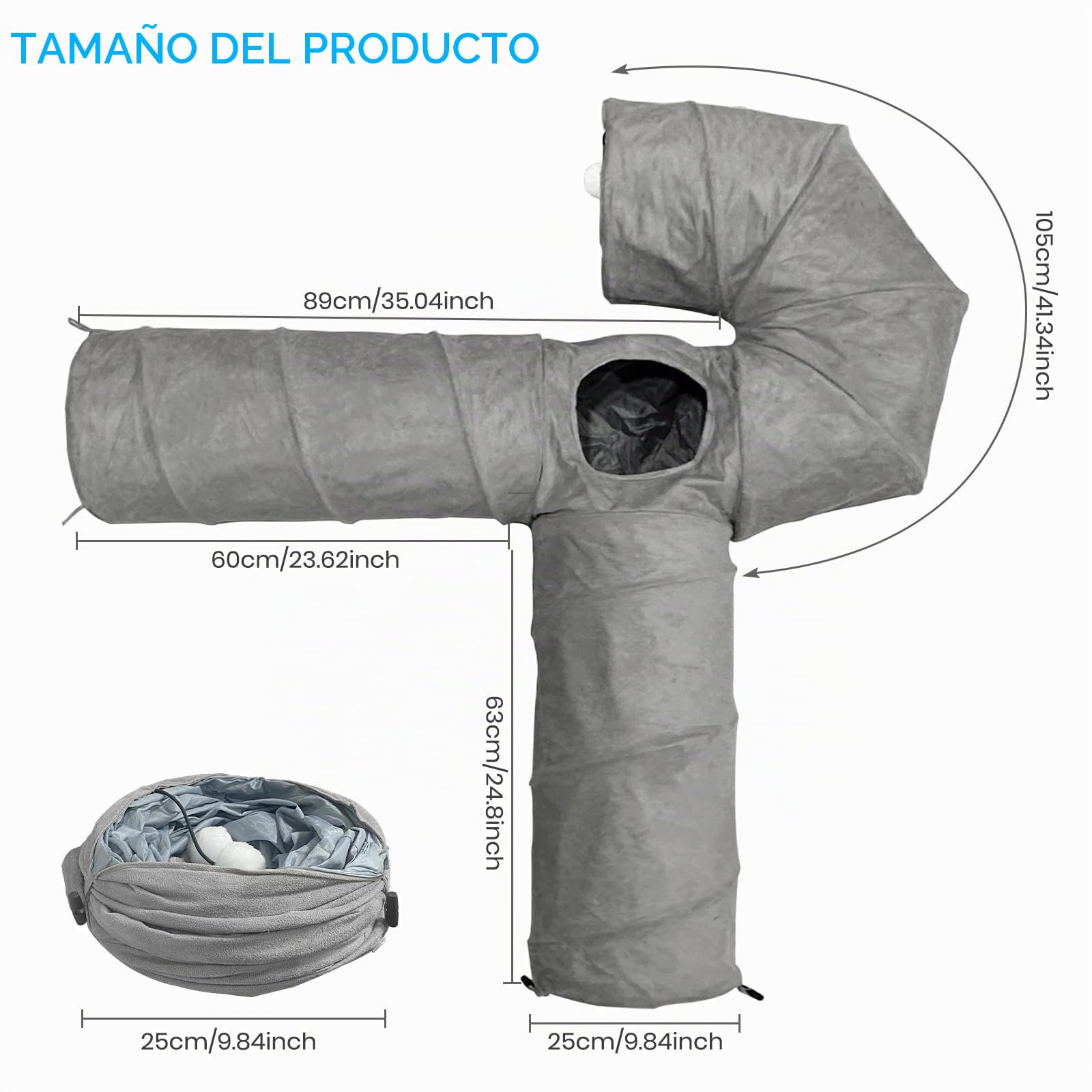 Túnel para Gatos Plegable, Juguete túnel de Gato en Gamuza, Juguete con Pompón y Colgante para Gato, Gran túnel para Gato de Interior Conejos, para Gatos,Cachorros,Conejos,Cobayas (U-Gris)