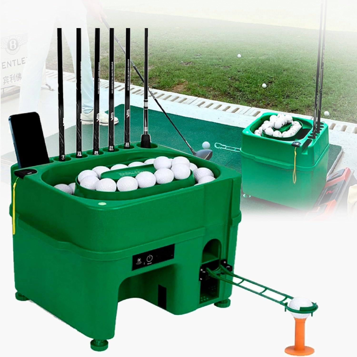 Podajnik piłek golfowych, elektryczna maszyna do serwowania piłek z regulacją wysokości i funkcją indukcyjną, mieści 40 piłek na raz, ma uchwyt na kij z 6 otworami