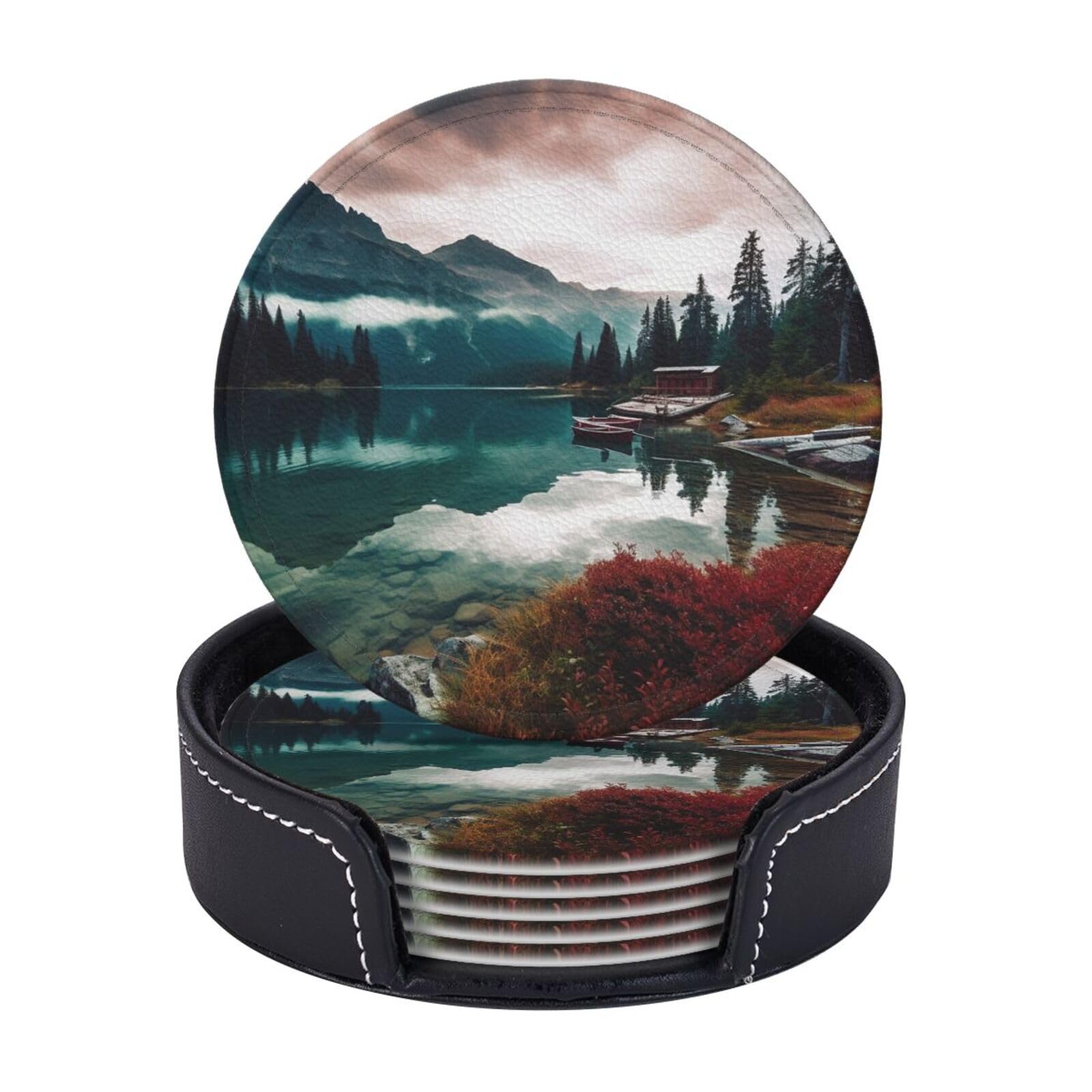 6PCS Drink Coasters with Holder, 4" Leather Coasters for Drinks, Scenic Lake Cup Coasters for Coffee Table Decor, Non-Slip Drinking Cup Mat for Hot or Cold Drink