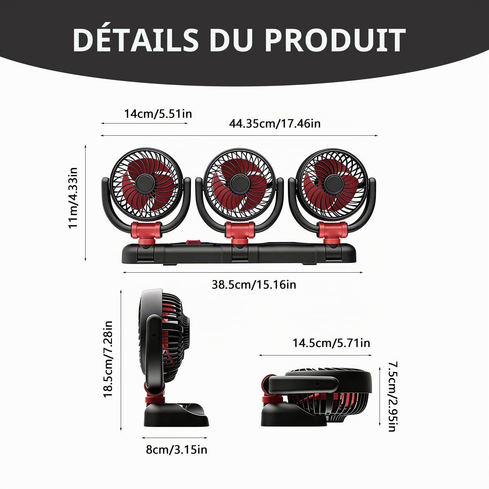 Ventilateur de Voiture, 24 V Ventilateur à Trois Têtes, Voiture, Ventilateur de Véhicule, Ventilateur Électrique Automobile à Trois Têtes, Rotatif À 360 Degrés Ventilateurs, pour Camion, SUV, RV