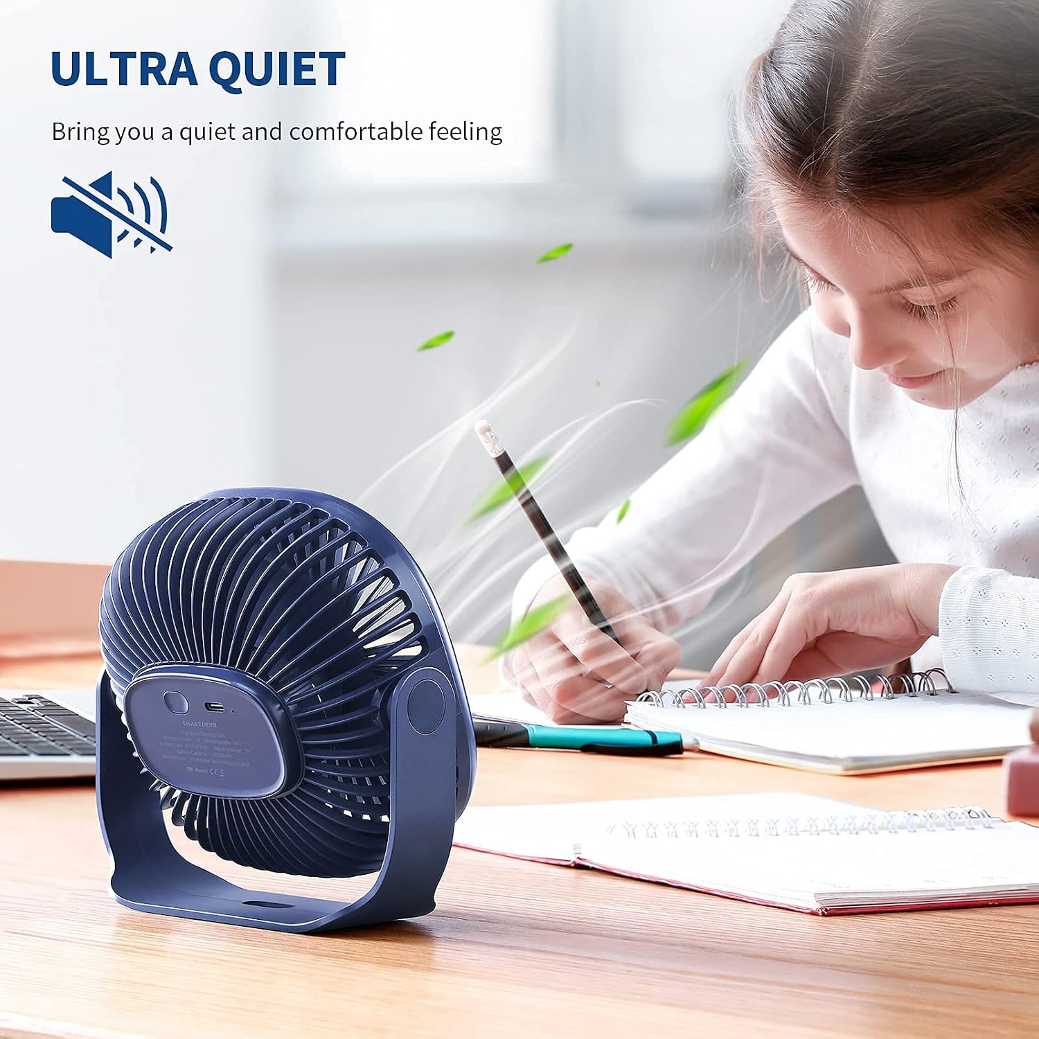 SmartDevil Small Rechargeable Desk Fan, 3 Speeds 2000mAh Portable Personal Battery Operated Desktop Fan with Pasteable Hook, Dual 360° Adjustment Quiet Table Fan, for Home Office Outdoor (Blue)