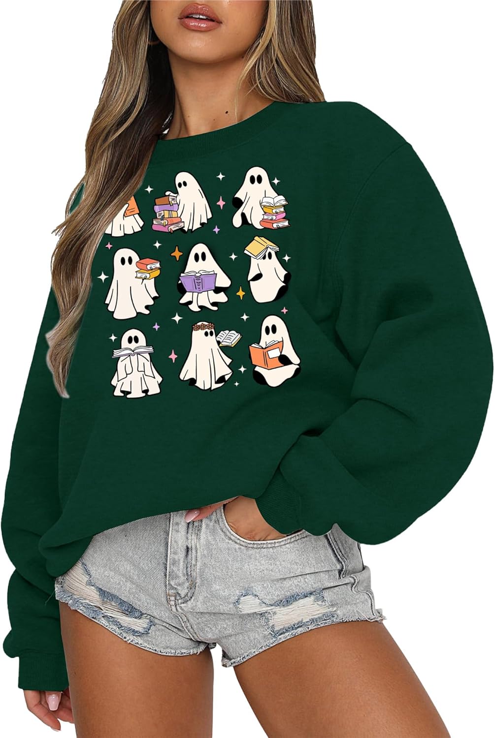 Halloween Ghost Reading Books Sweatshirts Women Spooky Season Sweater Cute Bookish Shirt Fall Pullover Tops - Image 2