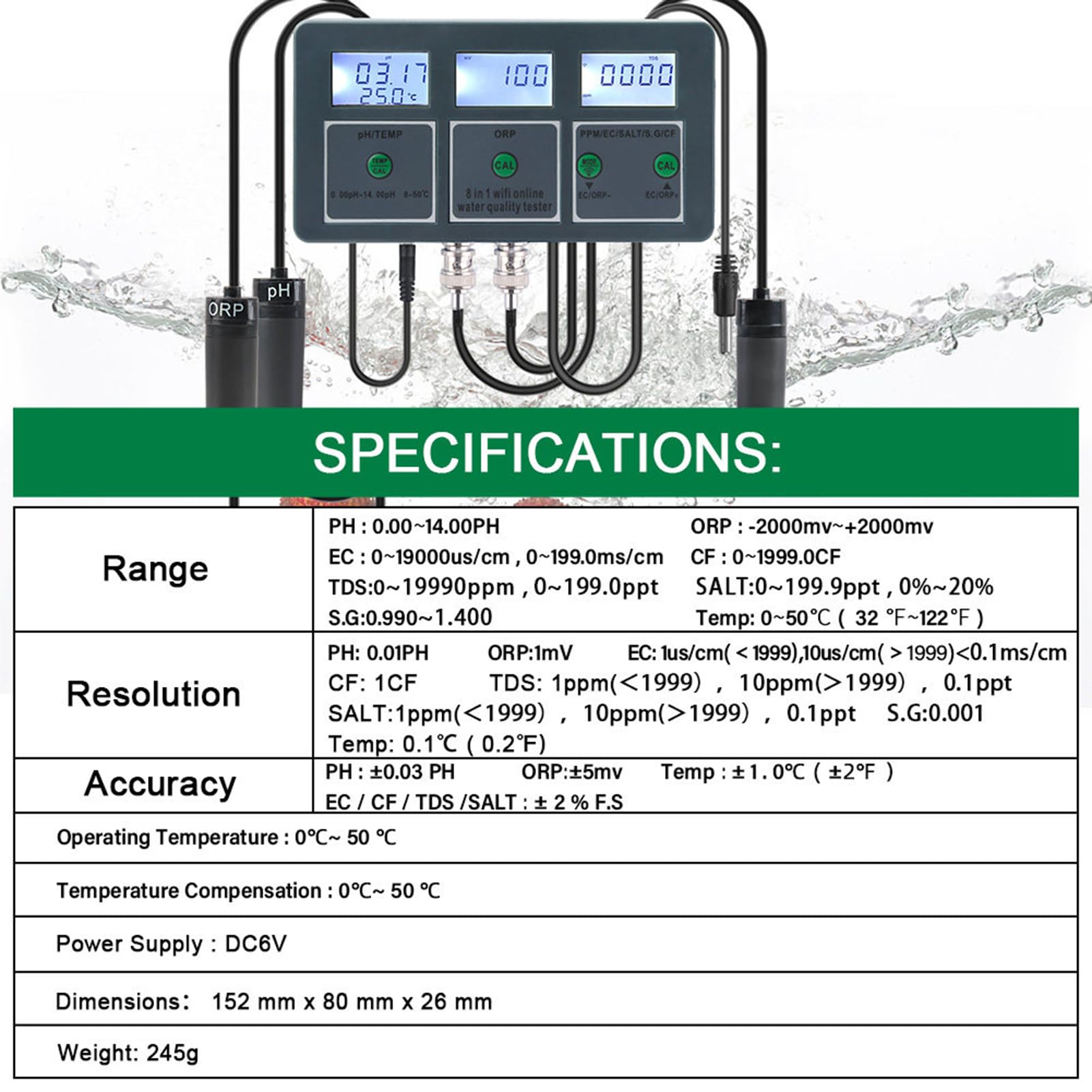 Wasserqualität Tester, 8-in-1 Wasserqualitätstester, Multi-Parameter-Wasseranalysator, PH, Salt, ORP, TDS,S.G, CF, Temp, EC Messgerät, für Wasser, Aquarium, Teich, Pool