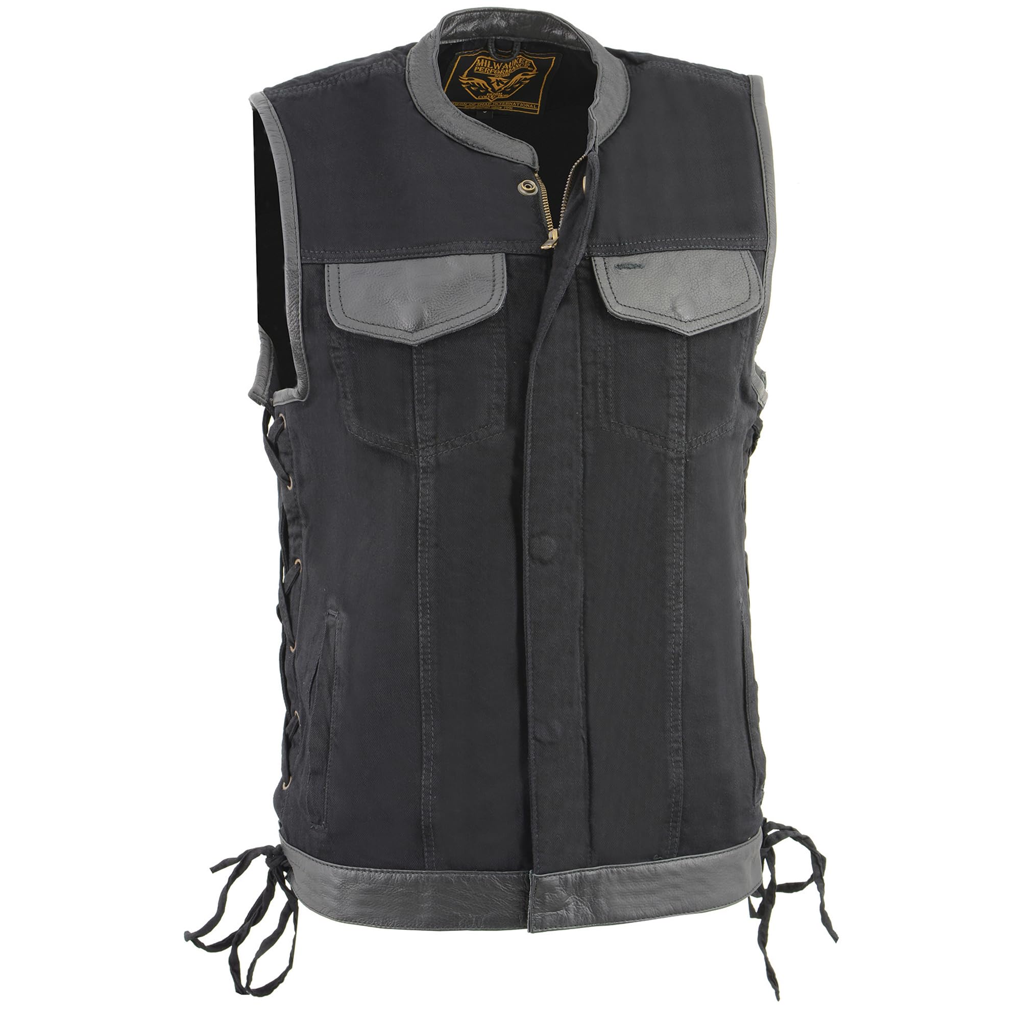 Men's Black 'Hidden Zipper' Side Lace Motorcycle Rider Denim Vest w/Leather Trim MDM3011 (US, Alpha, Large, Regular, Regular, Black)