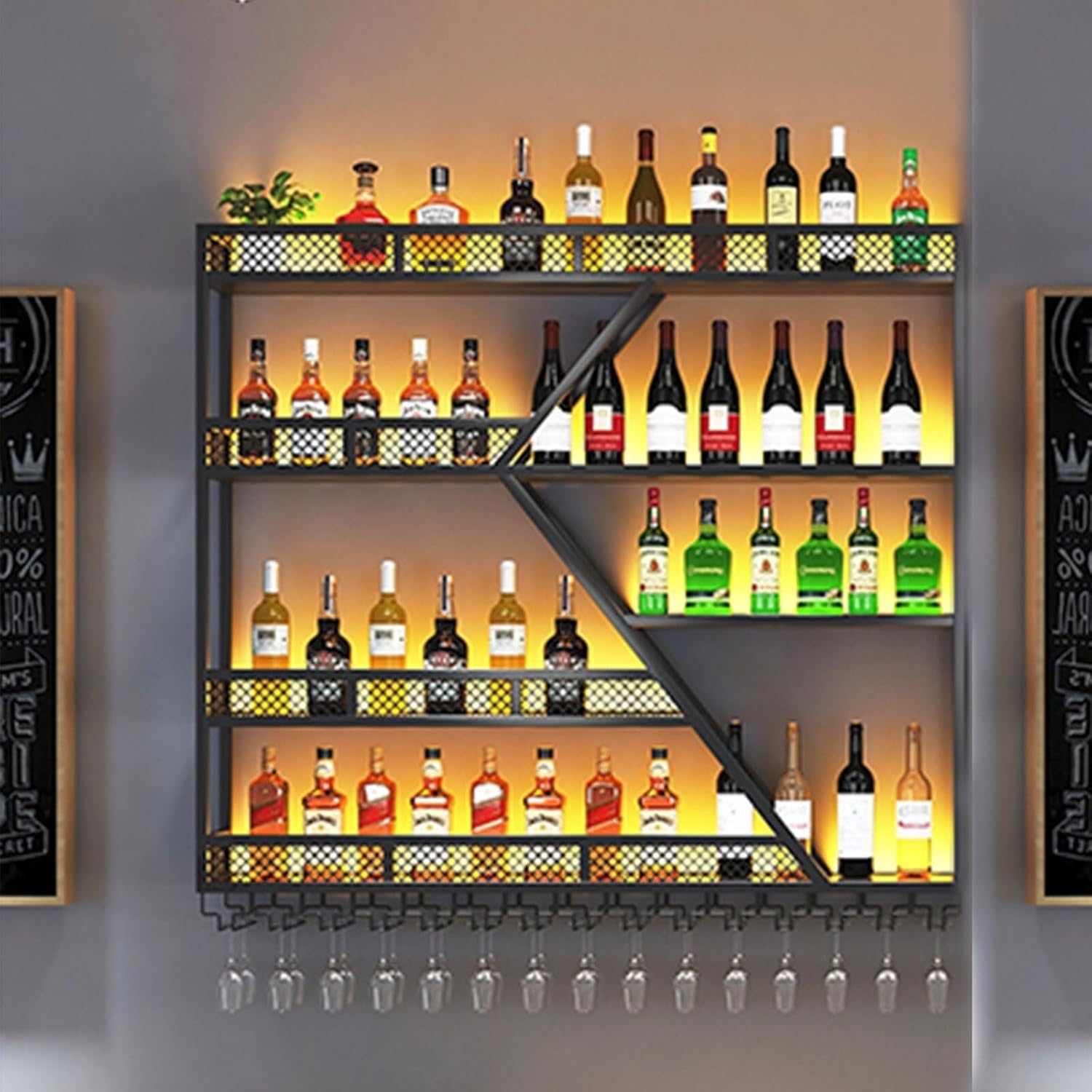 Modern 2 Tier Wall Mounted with Glass Holder and Metal Shelves Black/Warm Light 300 * 86 * 20Cm