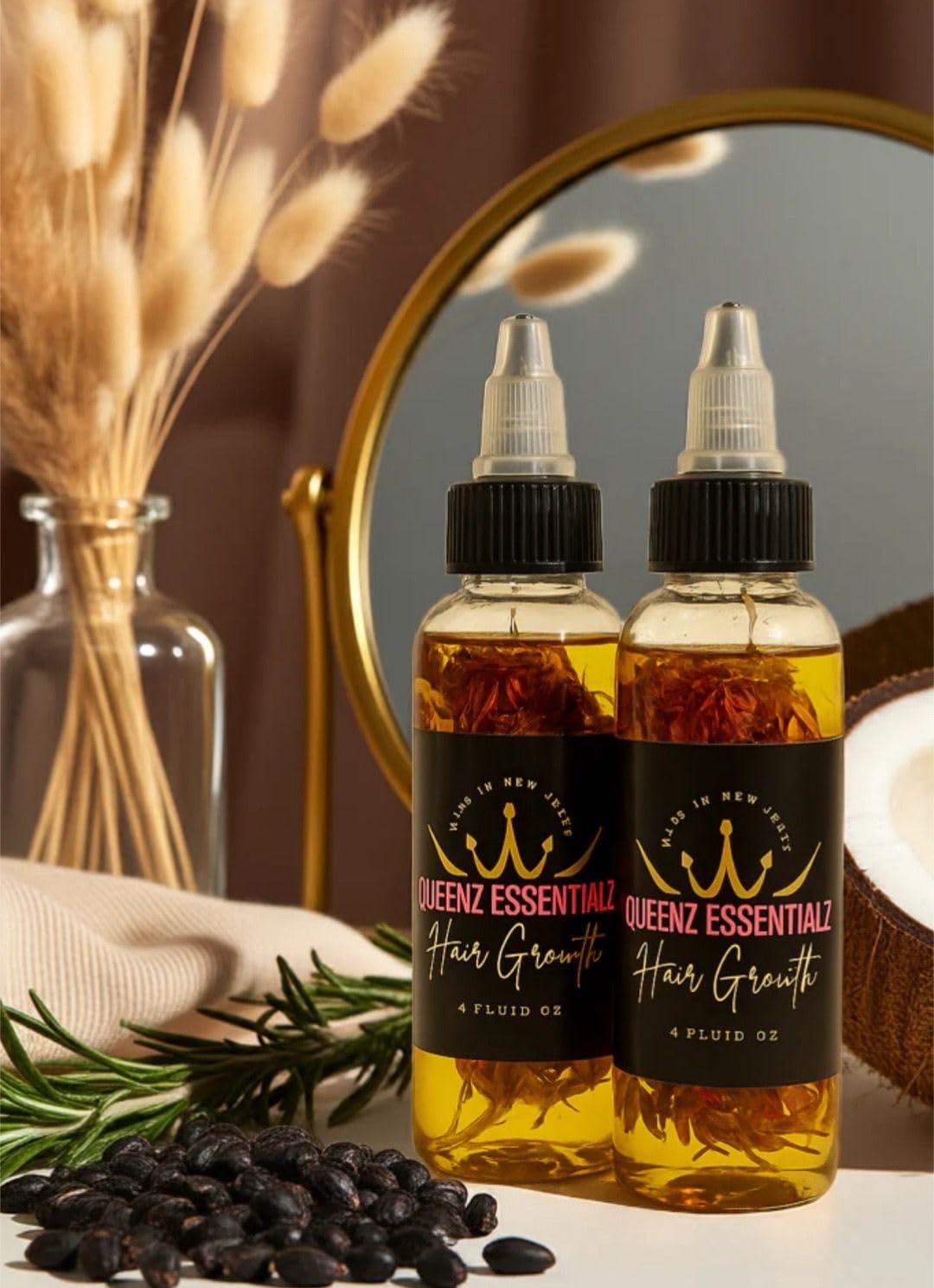 QueenZ EssentialZ Hair Growth Oil: Fast Hair Growth, visibly thicker, longer and stronger hair- Organically crafted in New Jersey- Hot Oil Treatment-