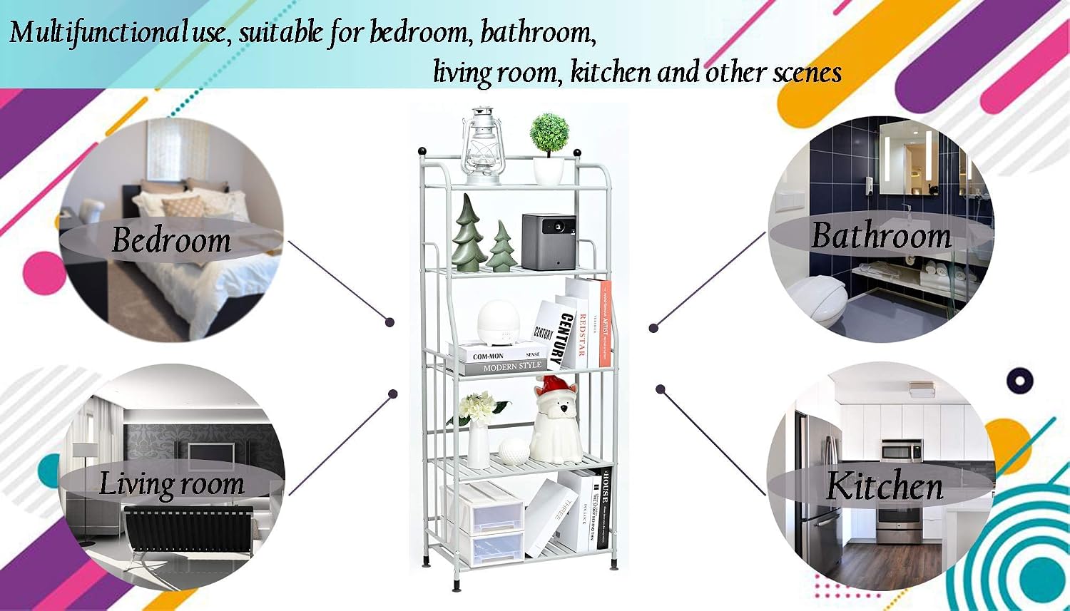 EXQ 5-Layer Metal Iron Sheet with Strong Load-Bearing Multi-Function Storage and Storage Rack Matte White (21.85Lx11.41Wx52.75H)