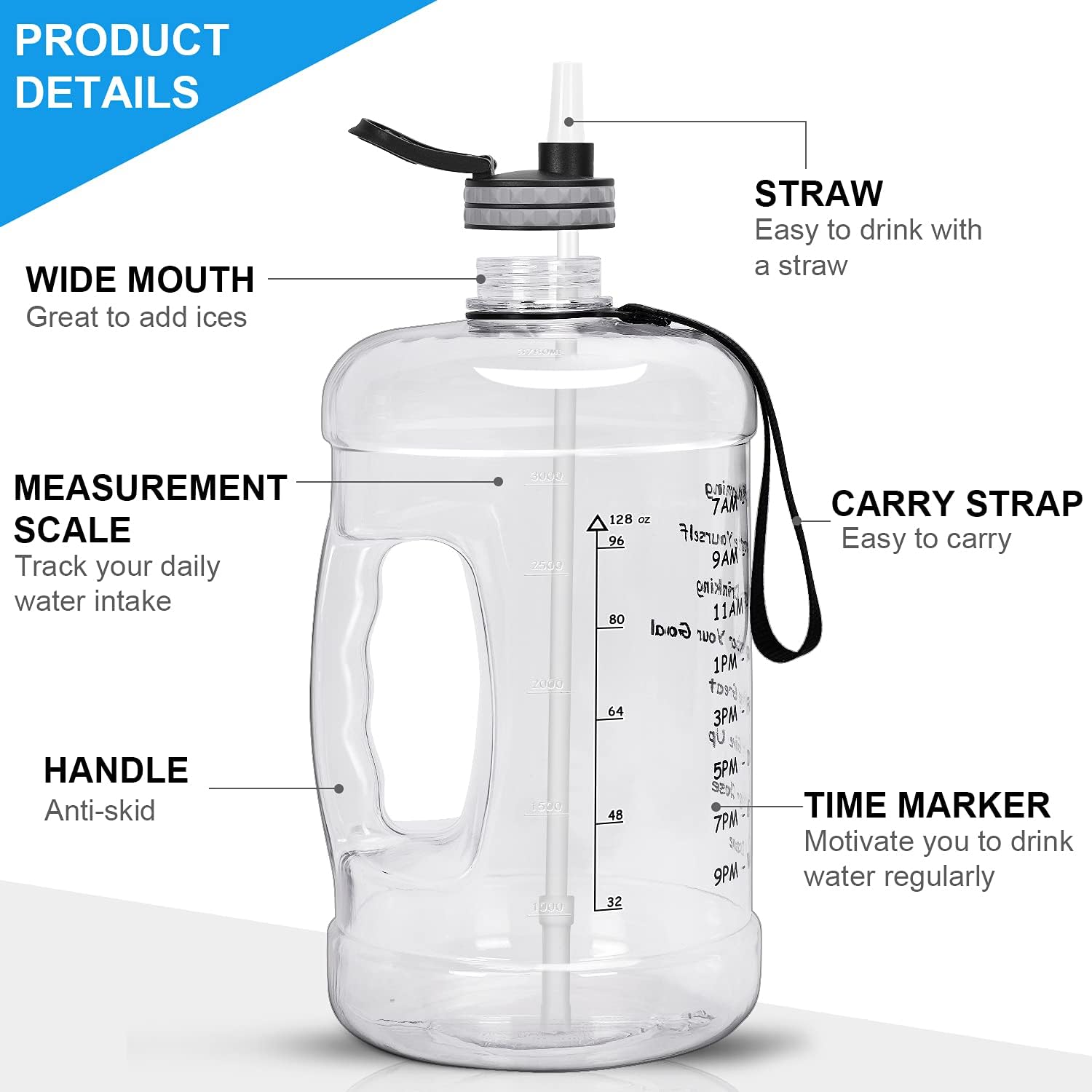 Favofit Gallon Water Bottle with Time Marker, 128oz Extra Large Motivational Water Bottle with Straw, BPA-Free Plastic, Reusable, Easy Sipping for Outdoor Sports/Fitness/Gym, Clear