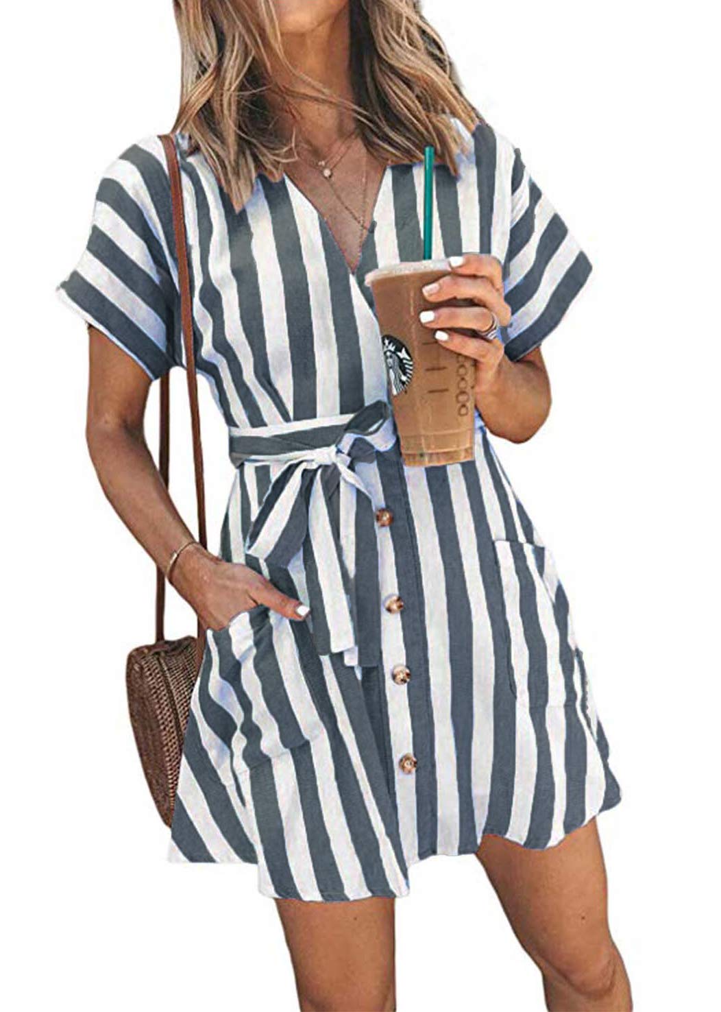 OEUVRE Women V Neck Short Sleeve Wrap Tie Waist Button Front Shirt Dress Striped Dress with Pocket