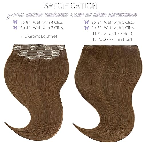 Miniatura 2 de Lacer Extensiones de cabello humano Remy con clip, sedoso, lacio, grueso, de 16 pulgadas, trama de poliuretano, sin costuras, #4, color marrón