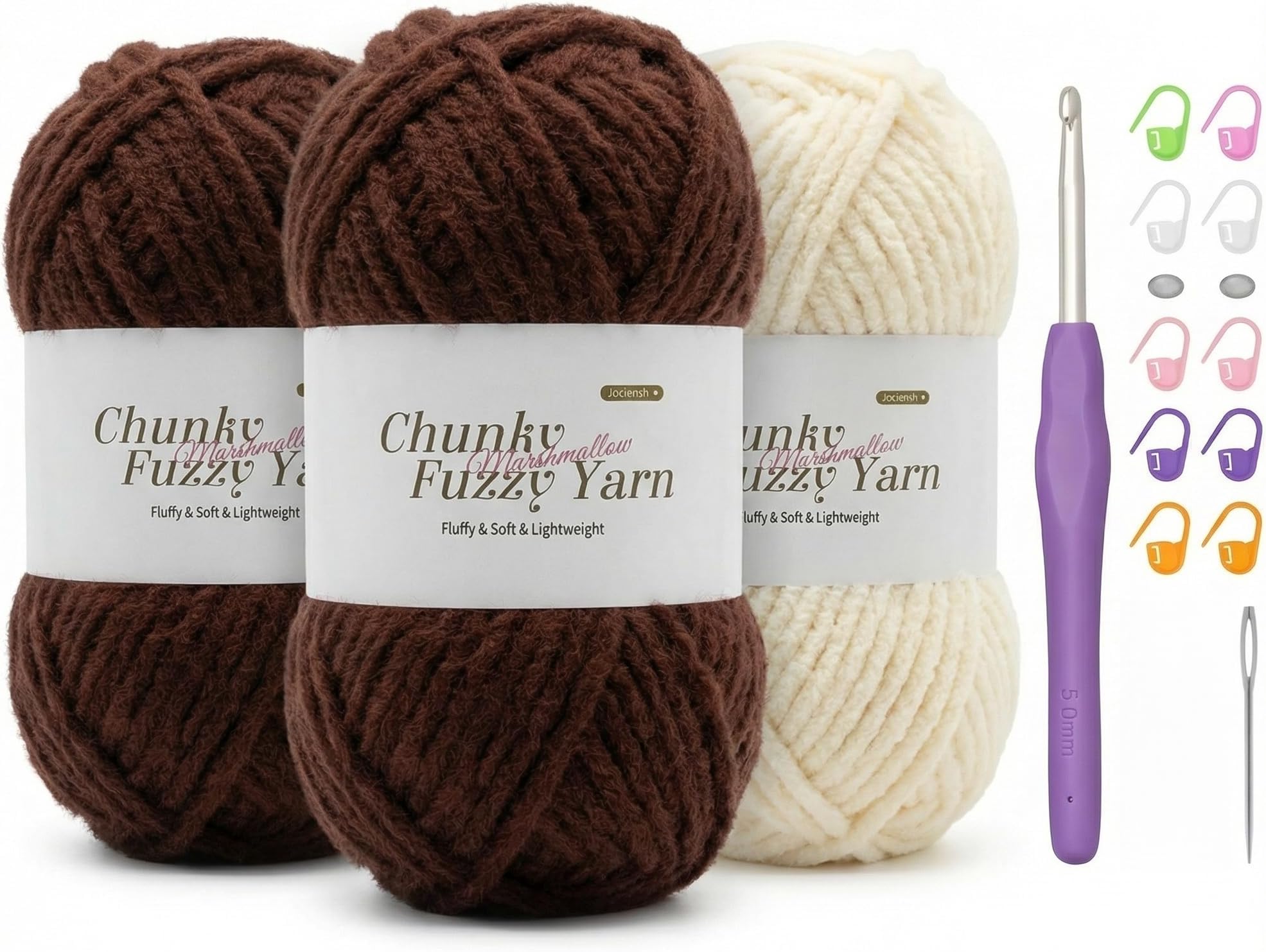 Fluffy Wool Chunky Chenille Yarn for Crochet - 100g x3 Super Soft Thick Yarn Kit with Crochet Hook, Perfect for Beginners, Scarf, Sweater, Hat, Gloves & Blanket Hand Knitting DIY Crafts (Brown-3)